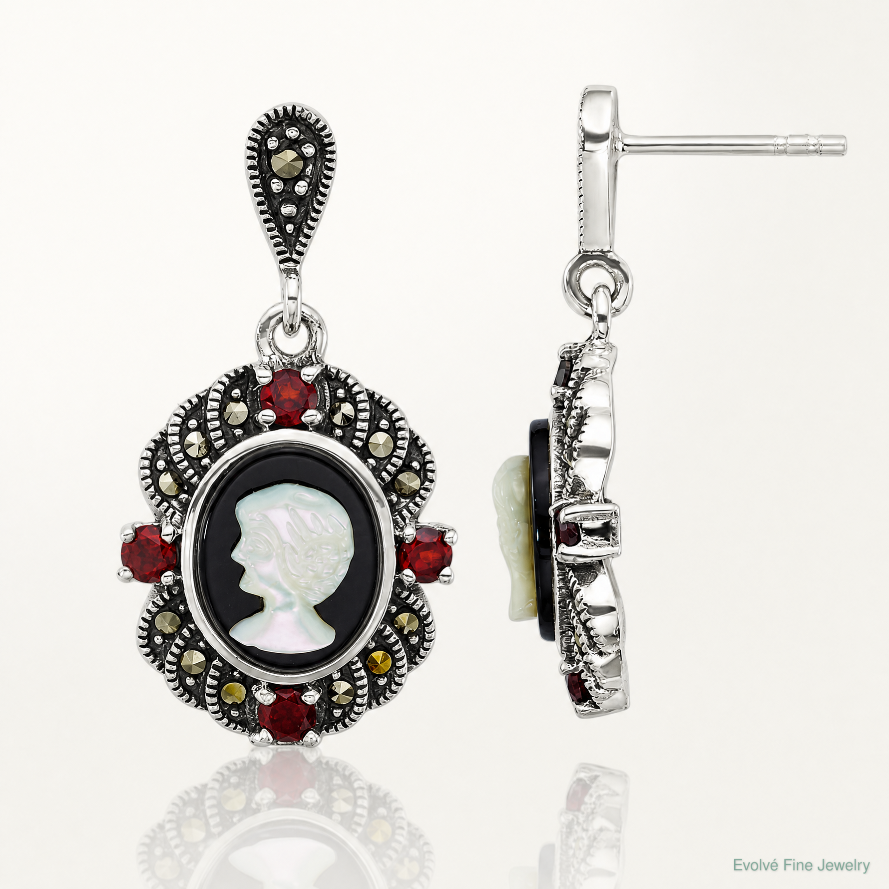 Sterling Silver Antiqued Marcasite Garnet Blk Agate and MOP Cameo Earrings - Lifestyle View