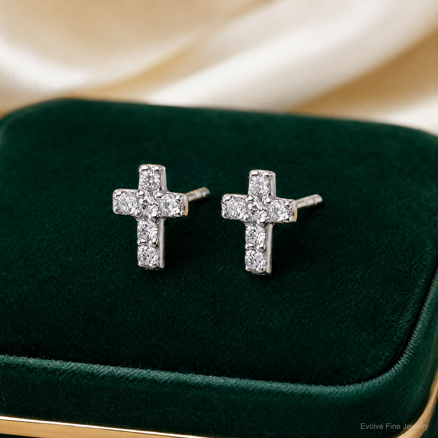 Sterling Silver Rhodium-plated Children's CZ Cross Earrings - Lifestyle View
