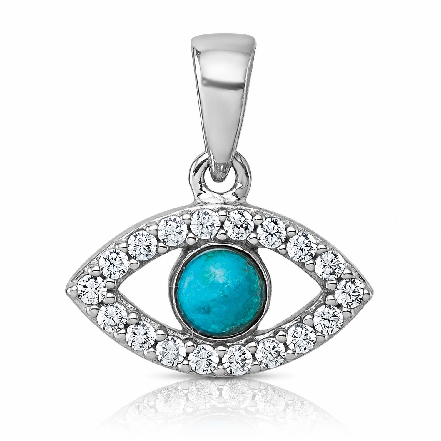 Sterling Silver RH-plated CZ and Compressed Turquoise Evil Eye Pendant - Lifestyle View