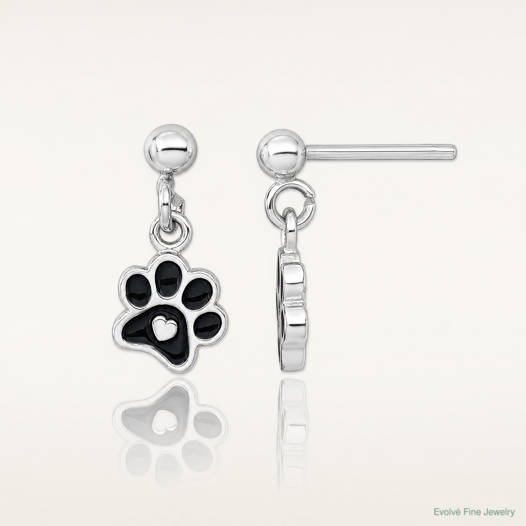 Sterling Silver RH-plt Enamel Black Paw Print w/ Heart Dangle Post Earrings - Lifestyle View