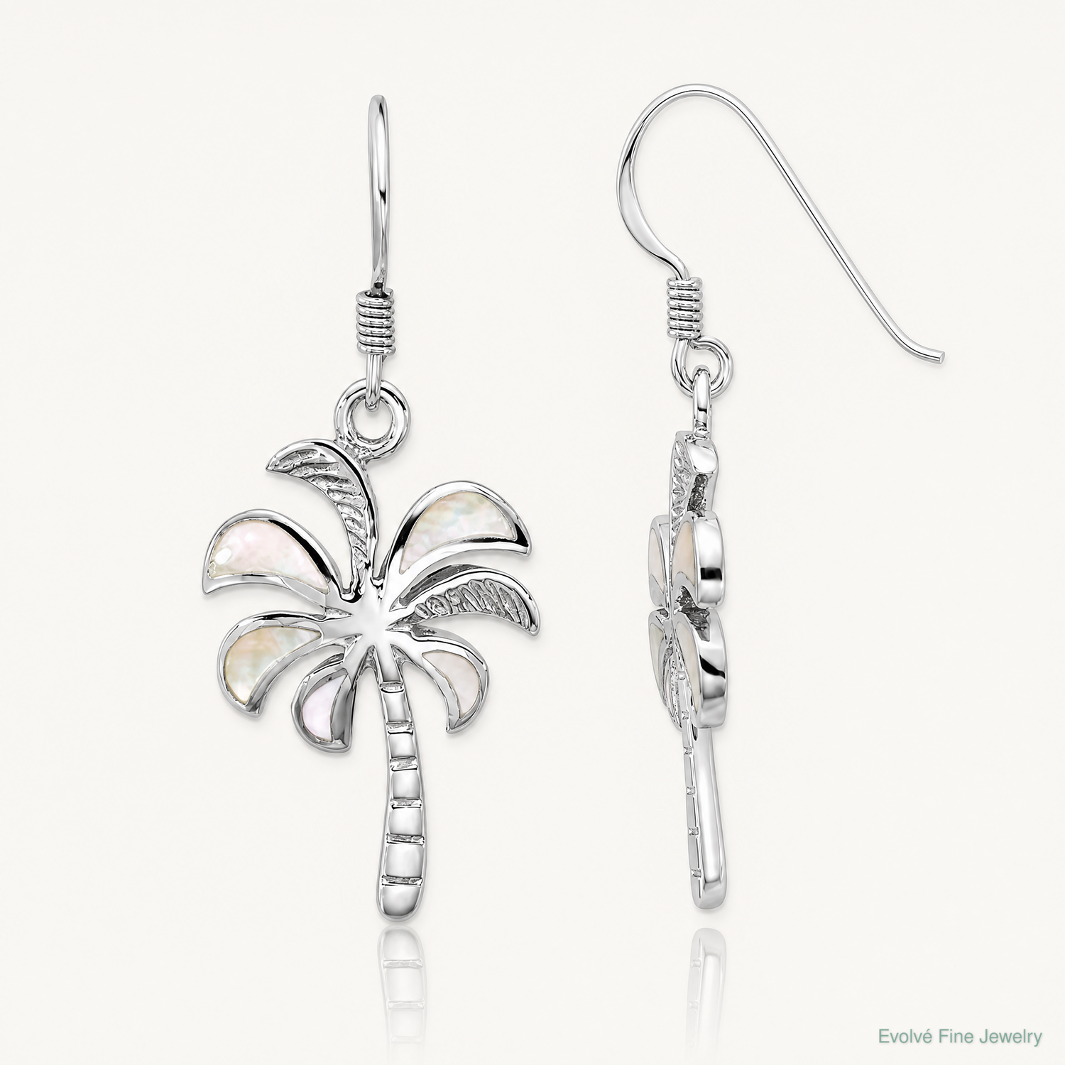 Sterling Silver Rhodium-plated Polished MOP Palm Tree Dangle Earrings - Lifestyle View