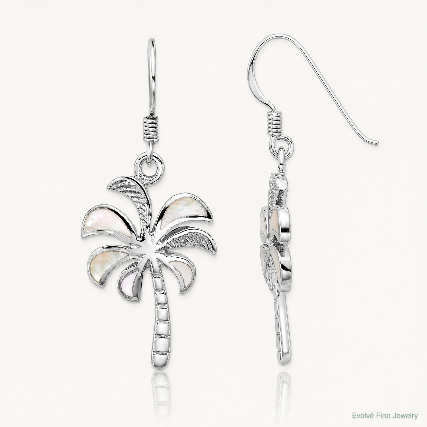 Sterling Silver Rhodium-plated Polished MOP Palm Tree Dangle Earrings - Lifestyle View