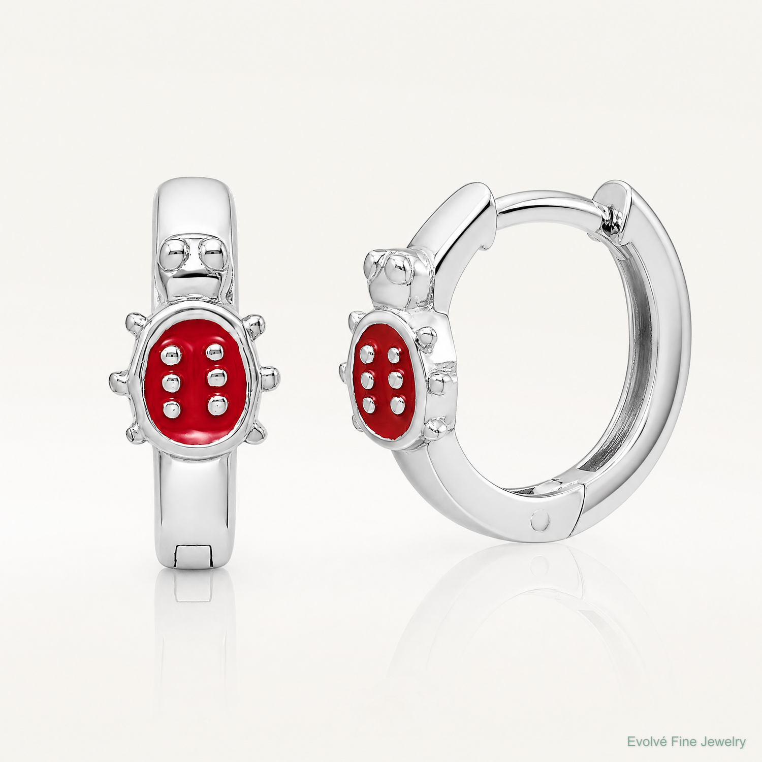 Sterling Silver Madi K RH-plated Enamel Ladybug Kids Round Hoops - Lifestyle View