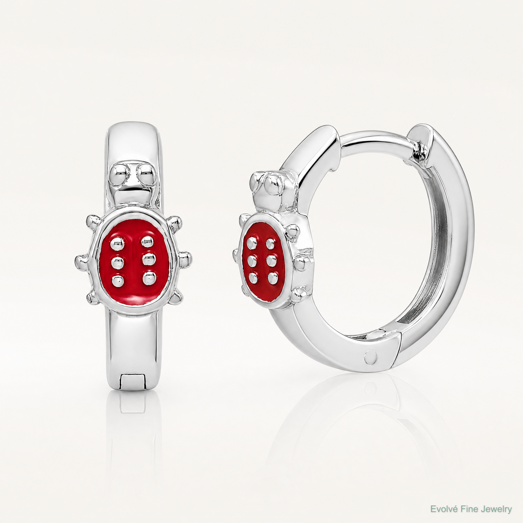 Sterling Silver Madi K RH-plated Enamel Ladybug Kids Round Hoops - Lifestyle View