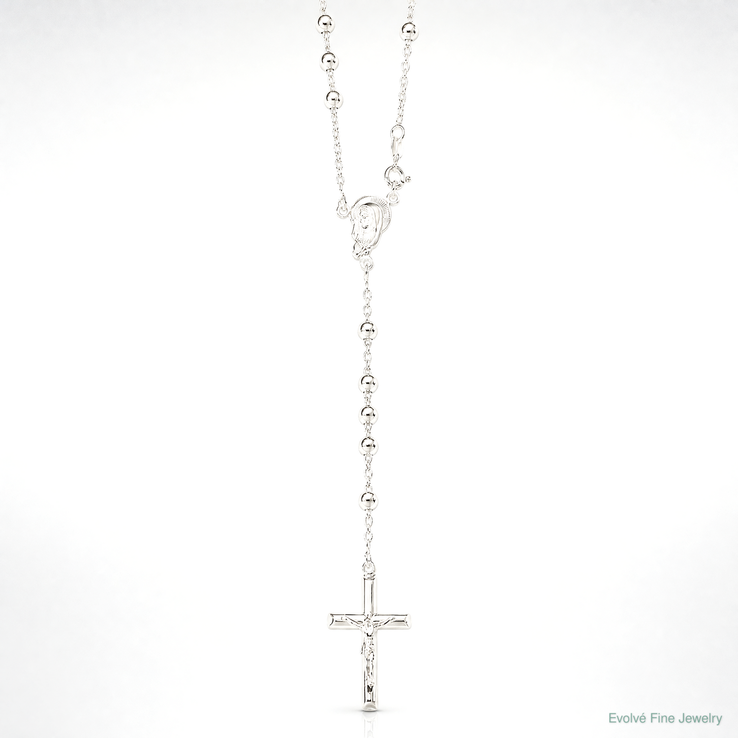 Sterling Silver Polished Beaded Rosary 30 inch Necklace - Lifestyle View