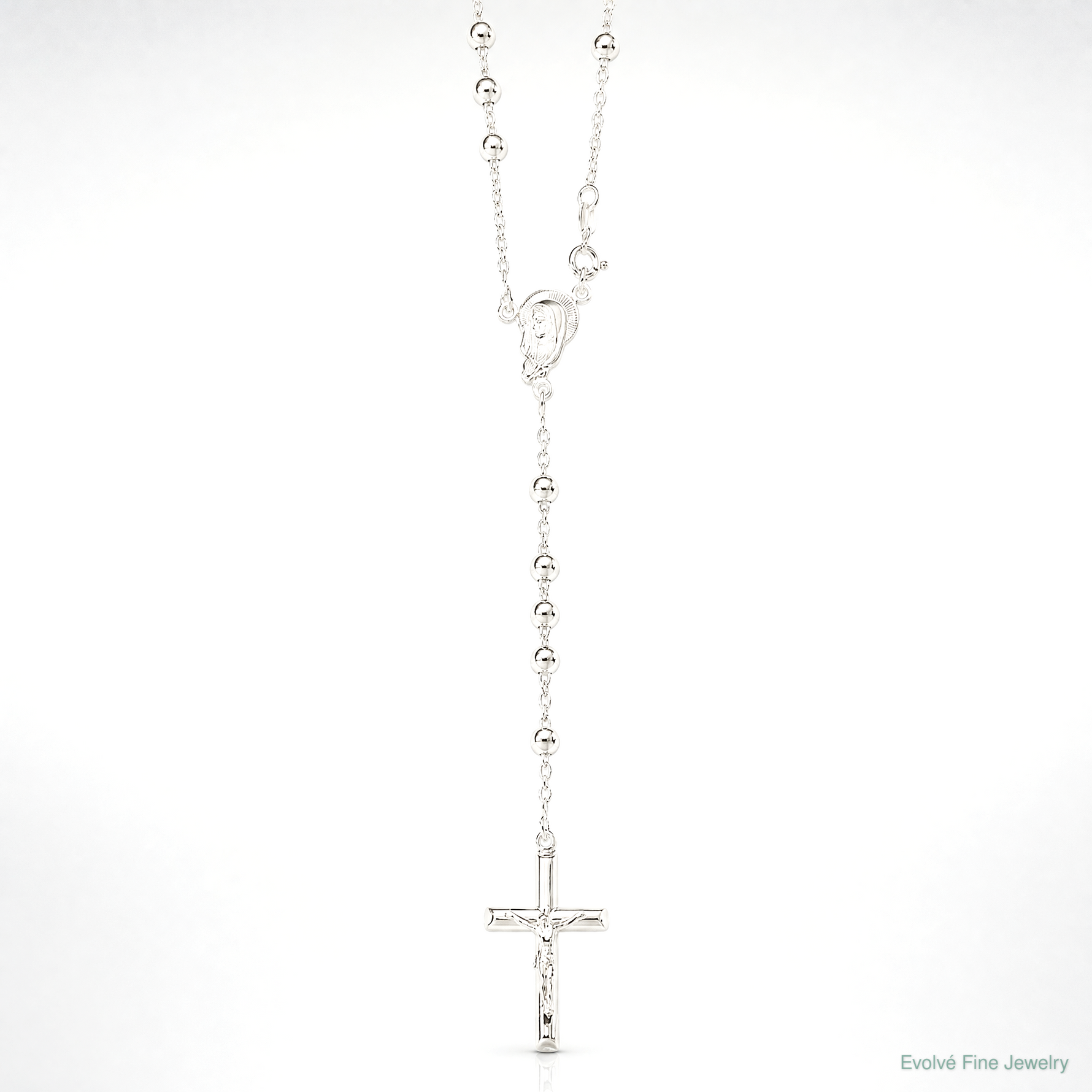 Sterling Silver Polished Beaded Rosary 30 inch Necklace - Lifestyle View