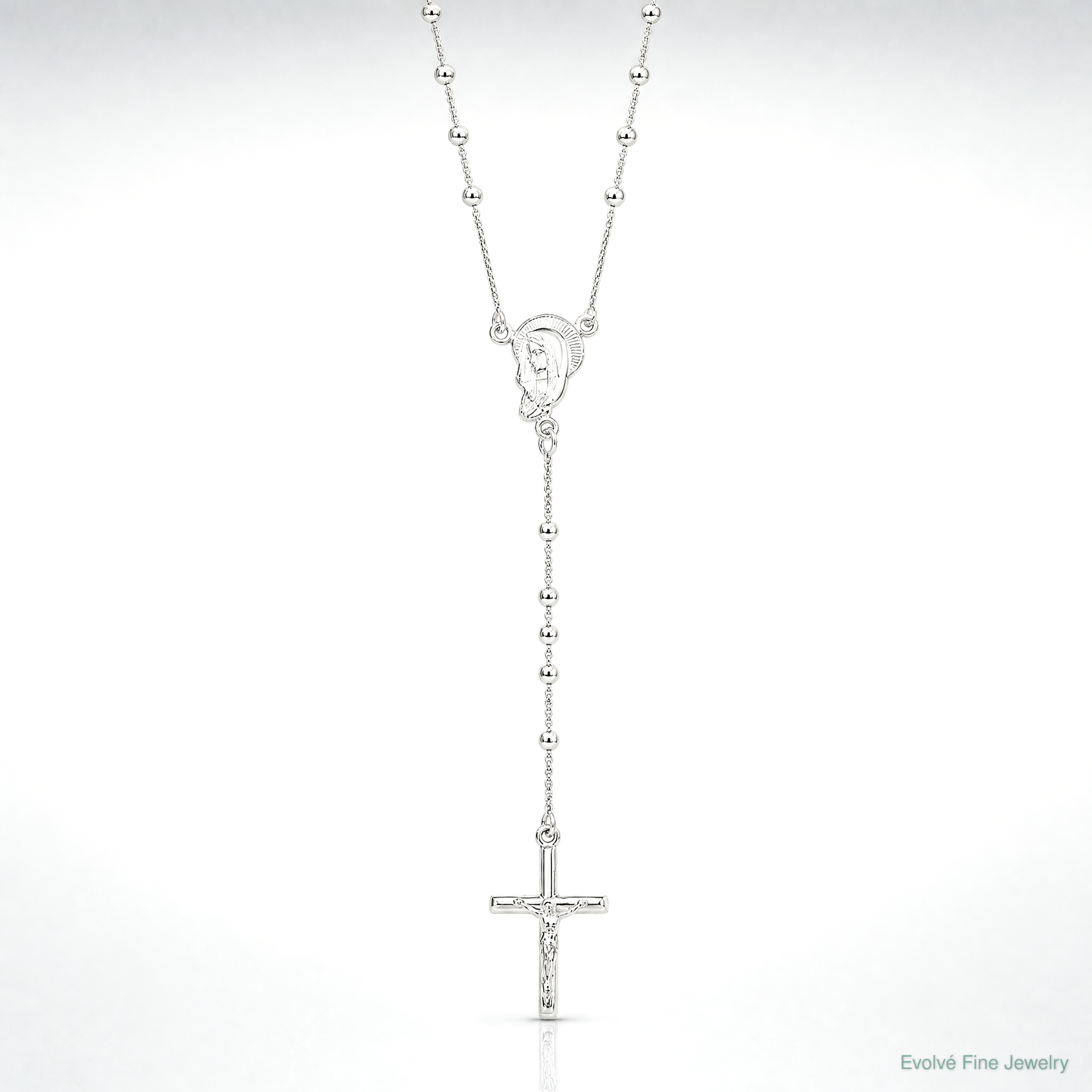 Sterling Silver Polished Bead Rosary 18 inch Necklace - Lifestyle View