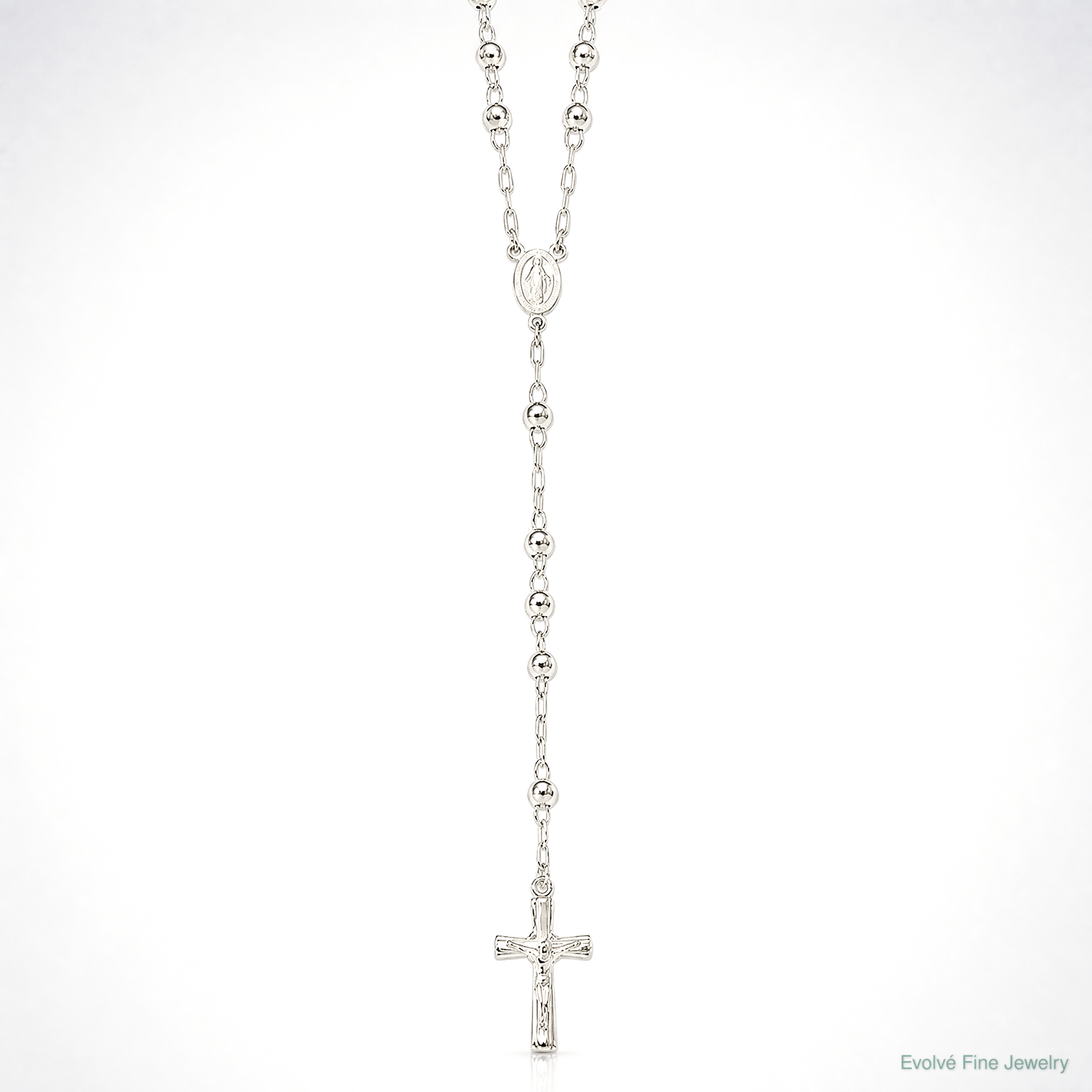 Sterling Silver Polished Rosary 26 inch Necklace - Lifestyle View