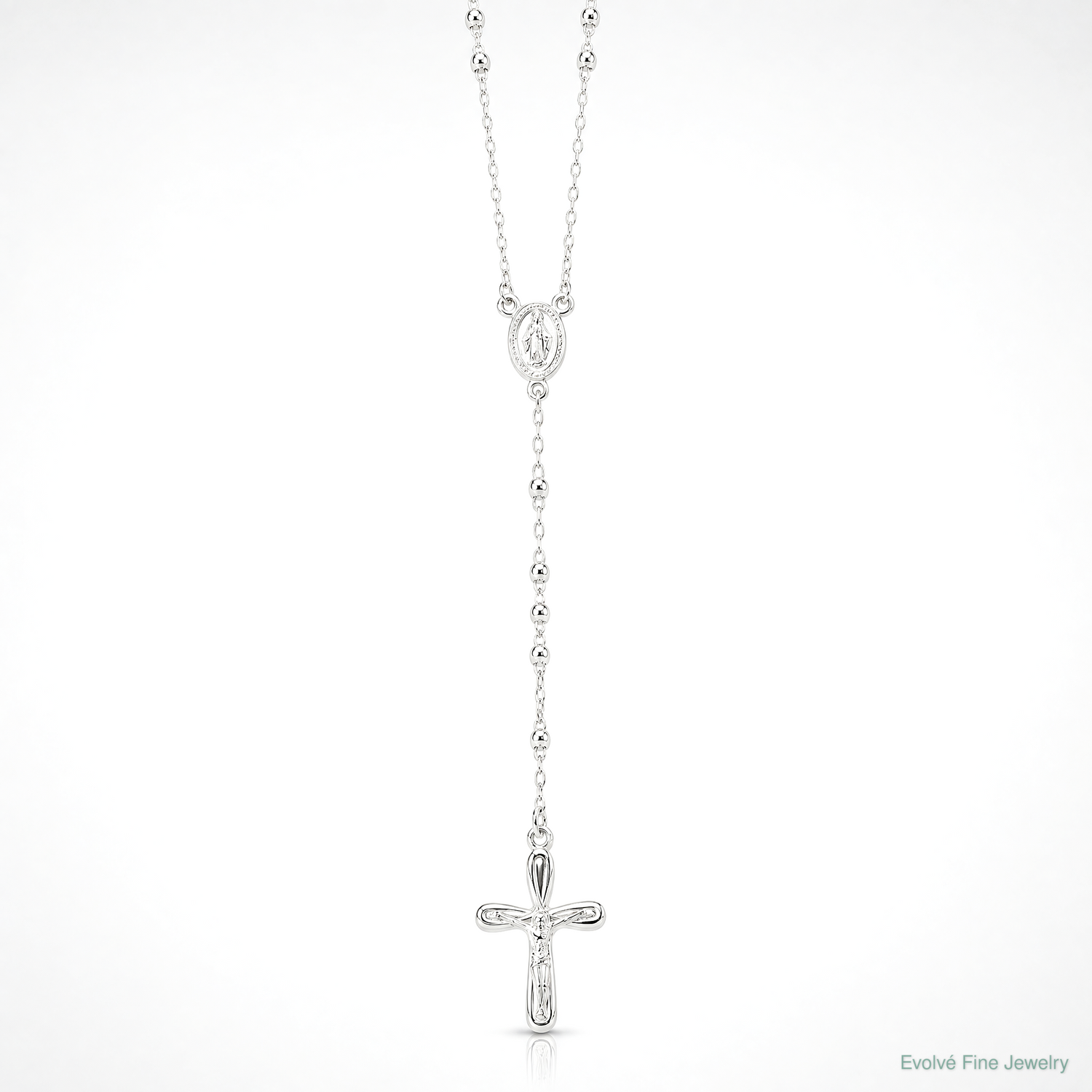 Sterling Silver Polished Crucifix Rosary 18 inch Necklace - Lifestyle View