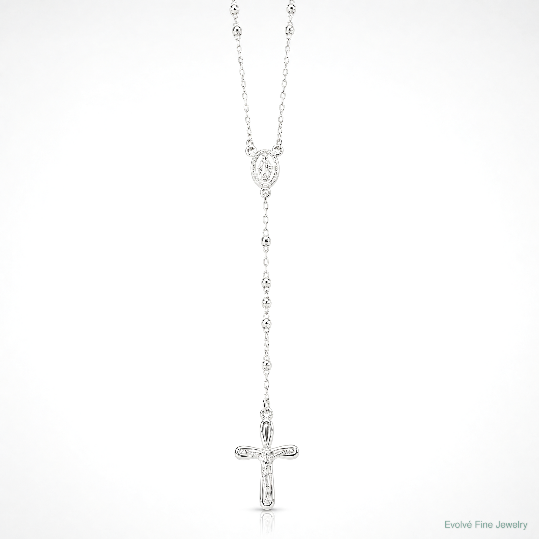 Sterling Silver Polished Crucifix Rosary 18 inch Necklace - Lifestyle View
