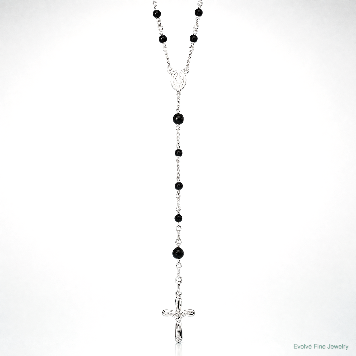 Sterling Silver Polished Black Onyx Rosary Necklace - Lifestyle View