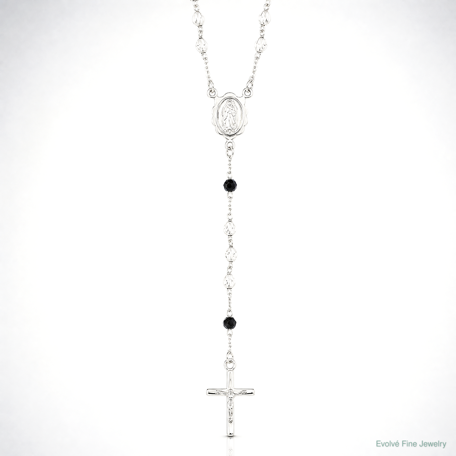 Sterling Silver Polished and Black Crystal Bead Rosary 23.5 inch Necklace - Lifestyle View