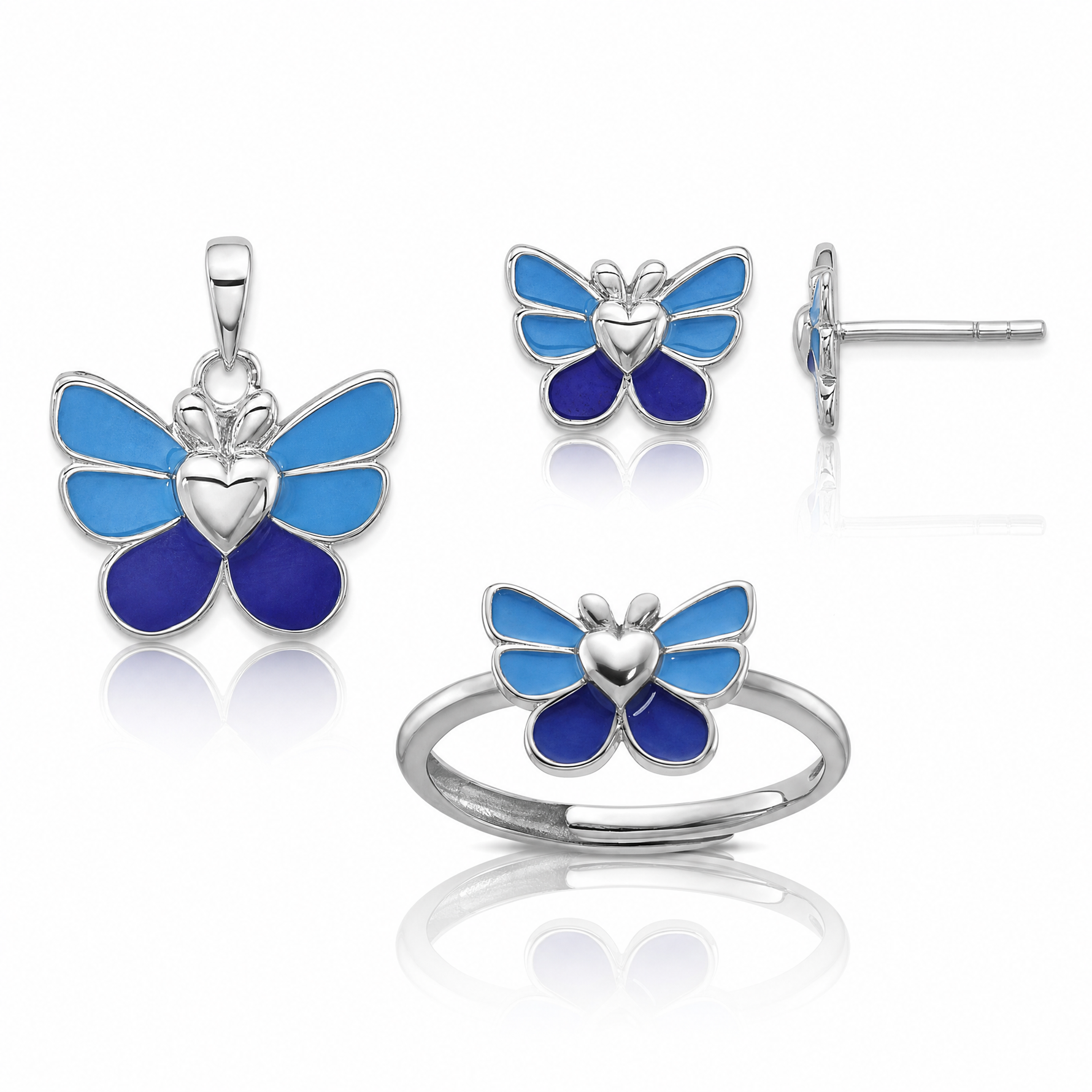 Sterling Silver RH-plated Butterfly Children's Earring, Ring & Pendant Set - Lifestyle View