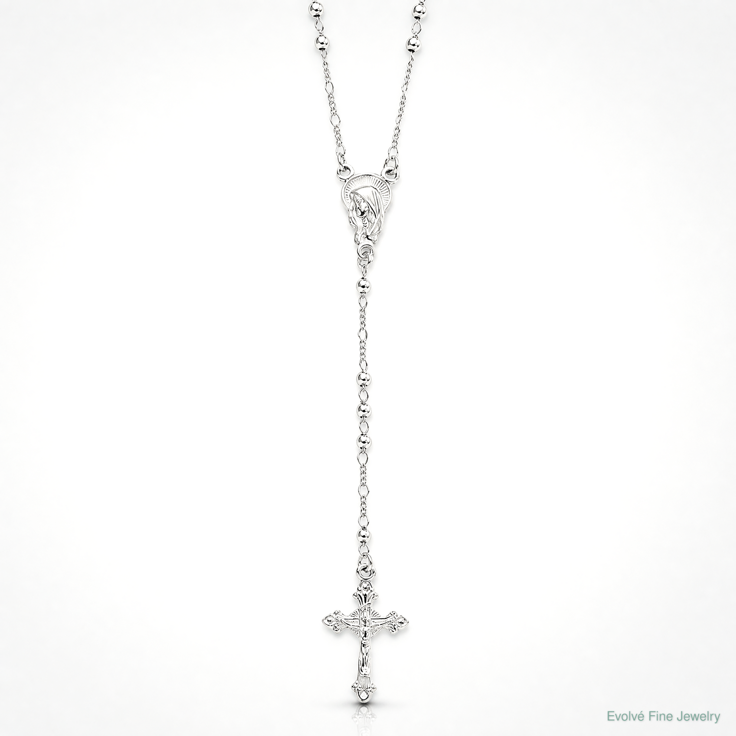 Sterling Silver Rhodium Plated Polished Beaded Rosary - Lifestyle View