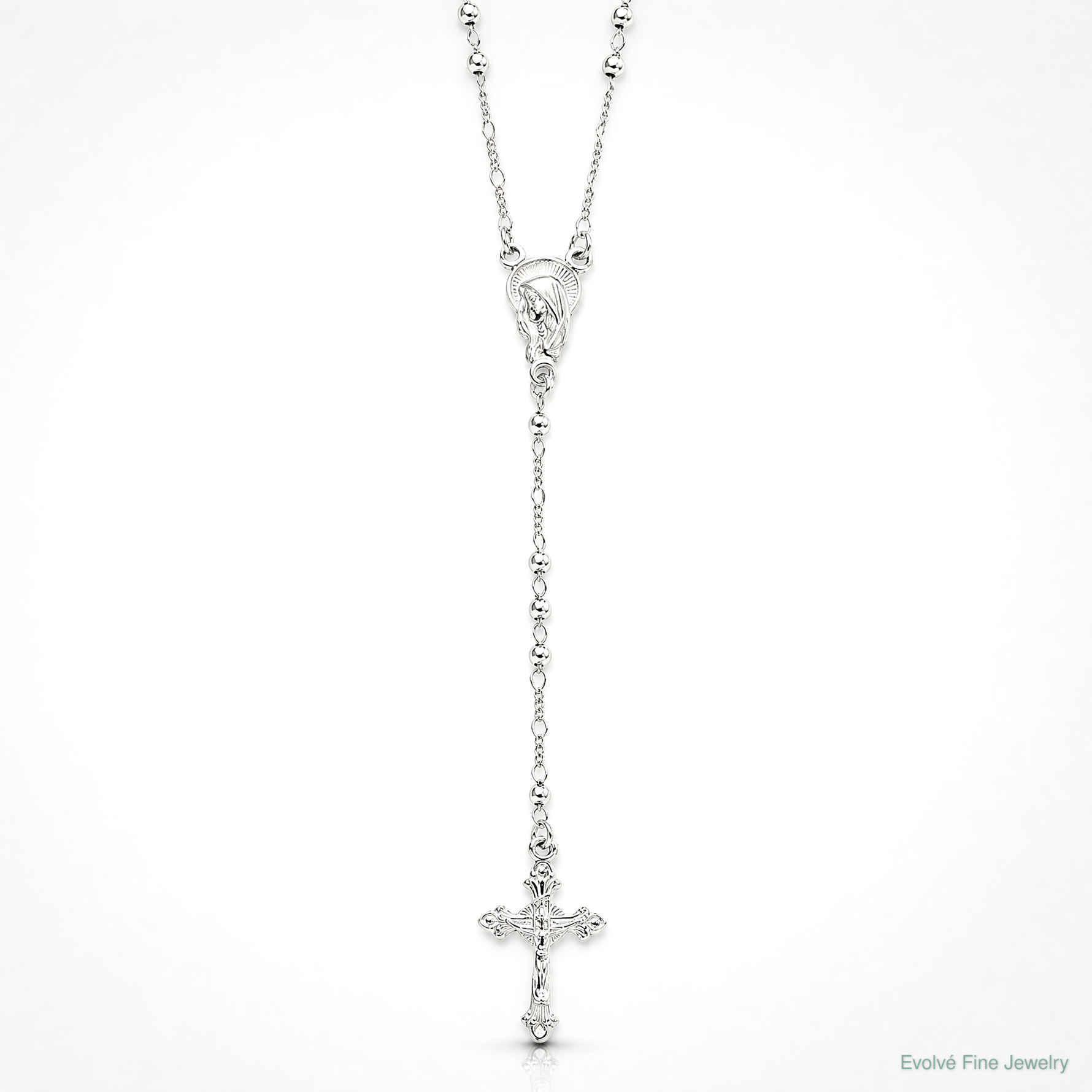 Sterling Silver Rhodium Plated Polished Beaded Rosary - Lifestyle View
