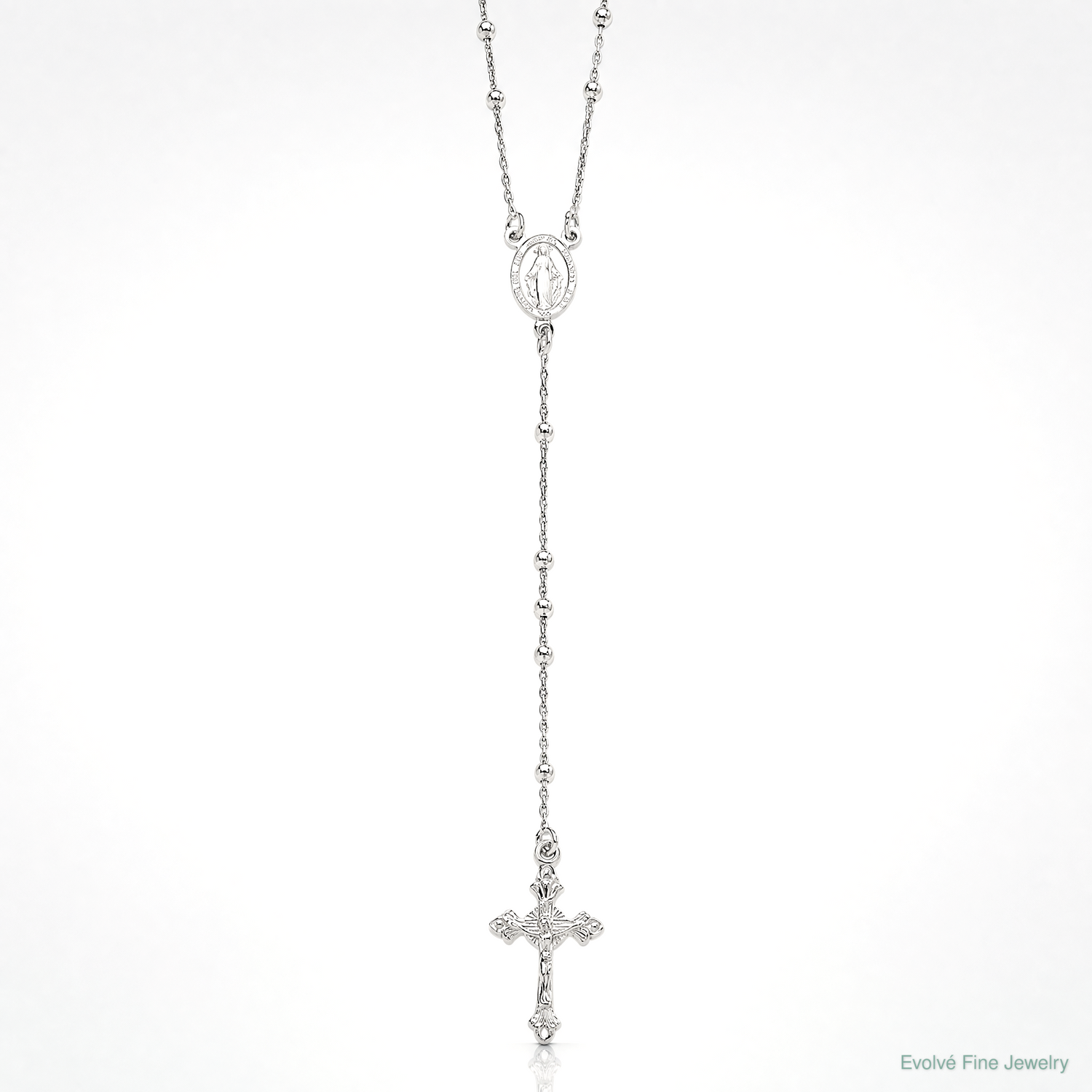 Sterling Silver Rhodium-plated Polished Beaded Rosary 24 inch Necklace - Lifestyle View