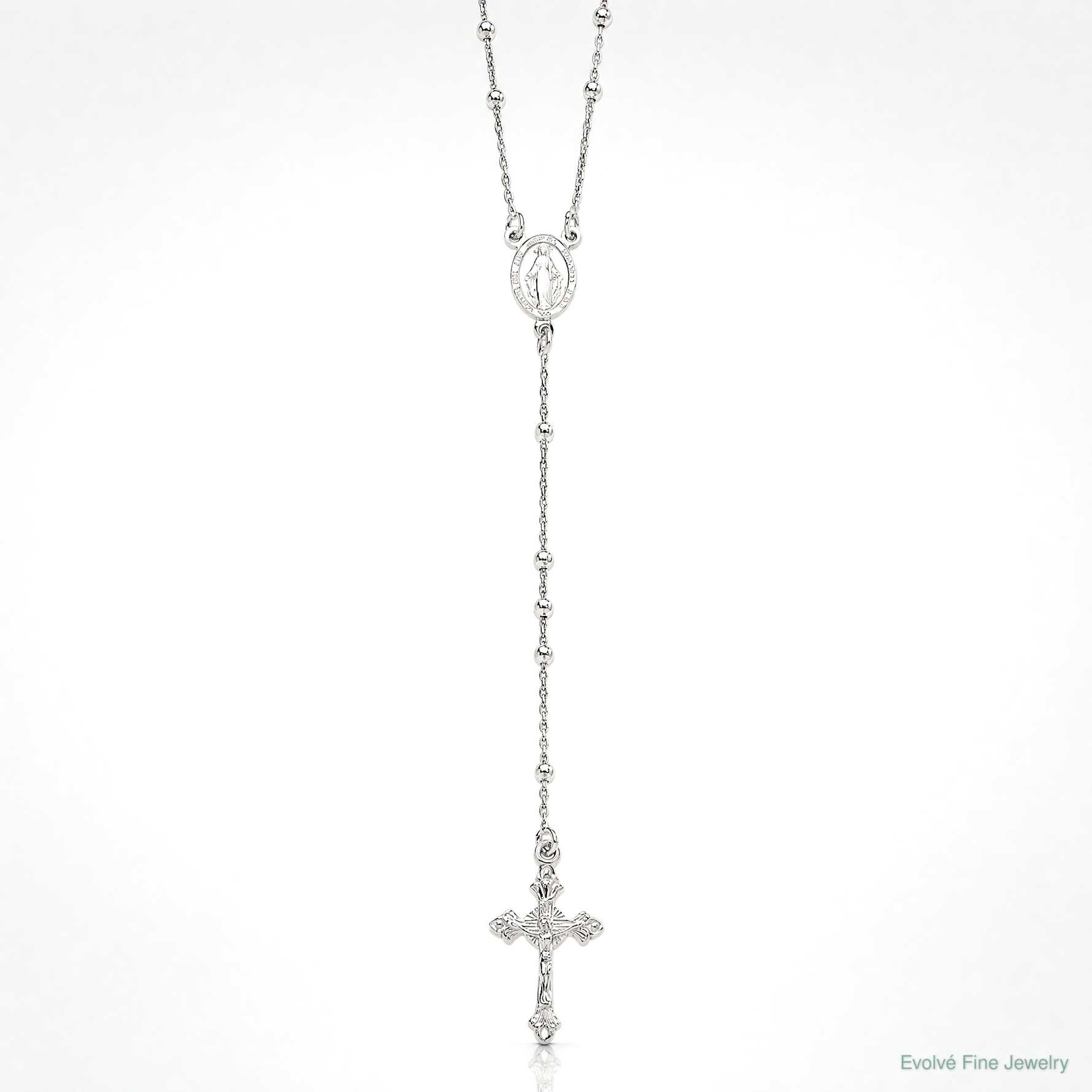 Sterling Silver Rhodium-plated Polished Beaded Rosary 24 inch Necklace - Lifestyle View