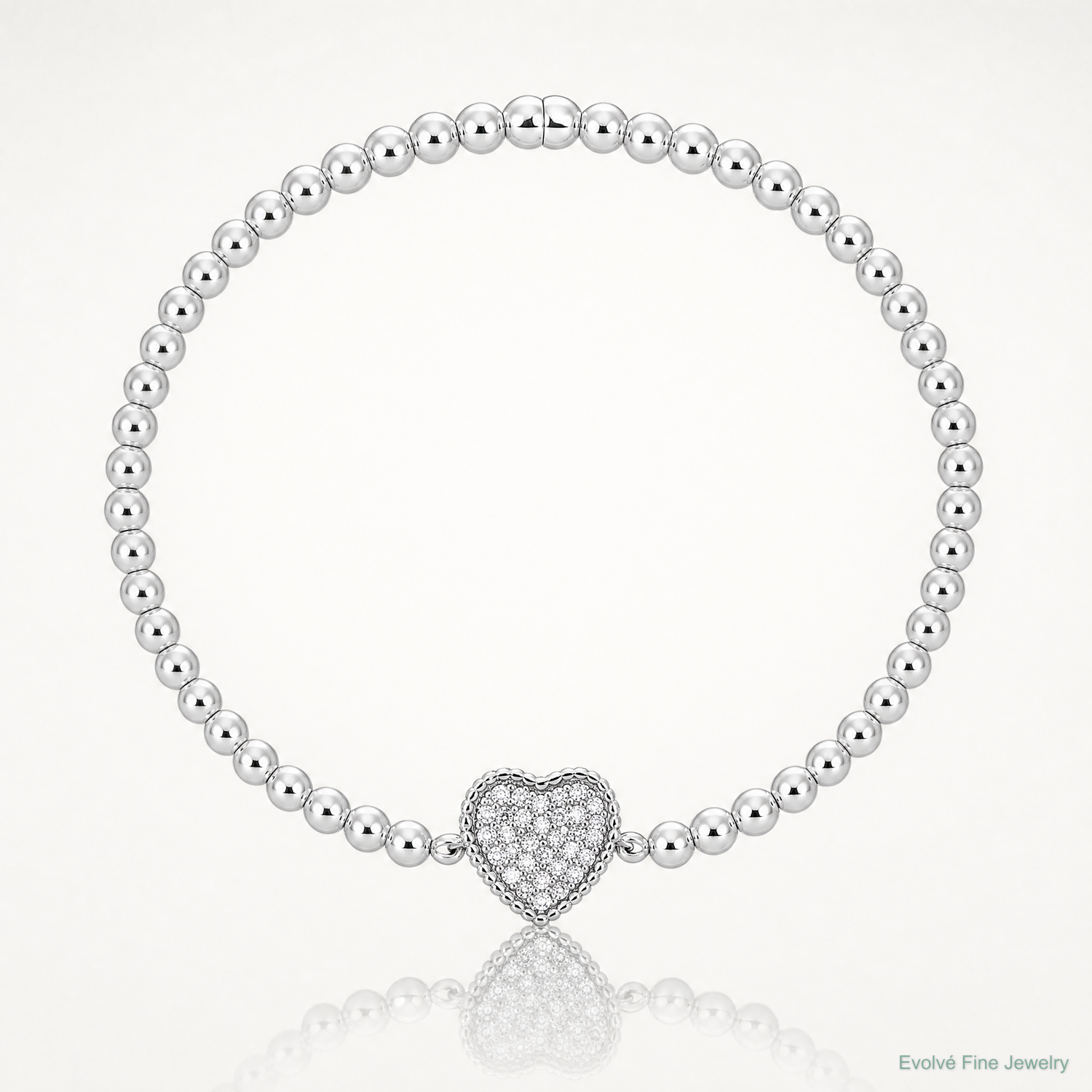 Sterling Silver Rhodium-plated Polished Beaded CZ Heart Stretch Bracelet - Lifestyle View