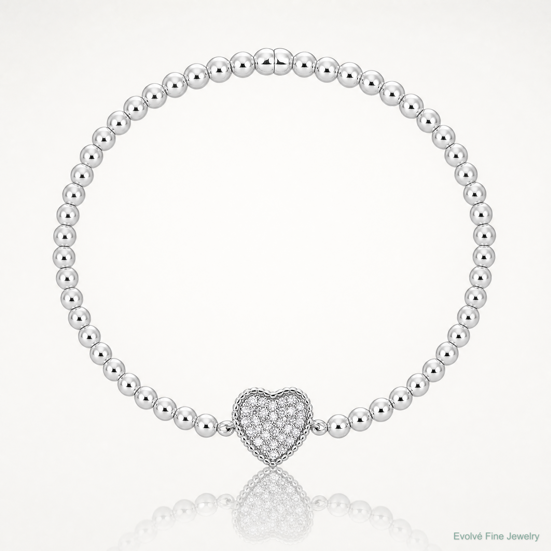 Sterling Silver Rhodium-plated Polished Beaded CZ Heart Stretch Bracelet - Lifestyle View