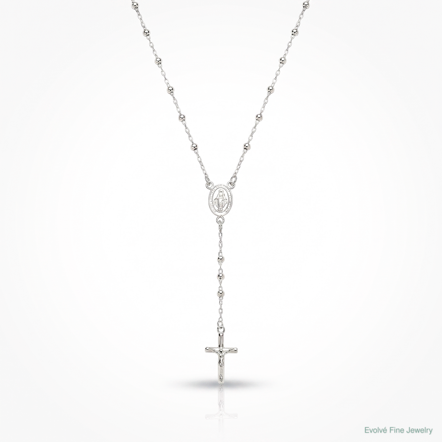 Sterling Silver Polished and Beaded Rosary Necklace - Lifestyle View