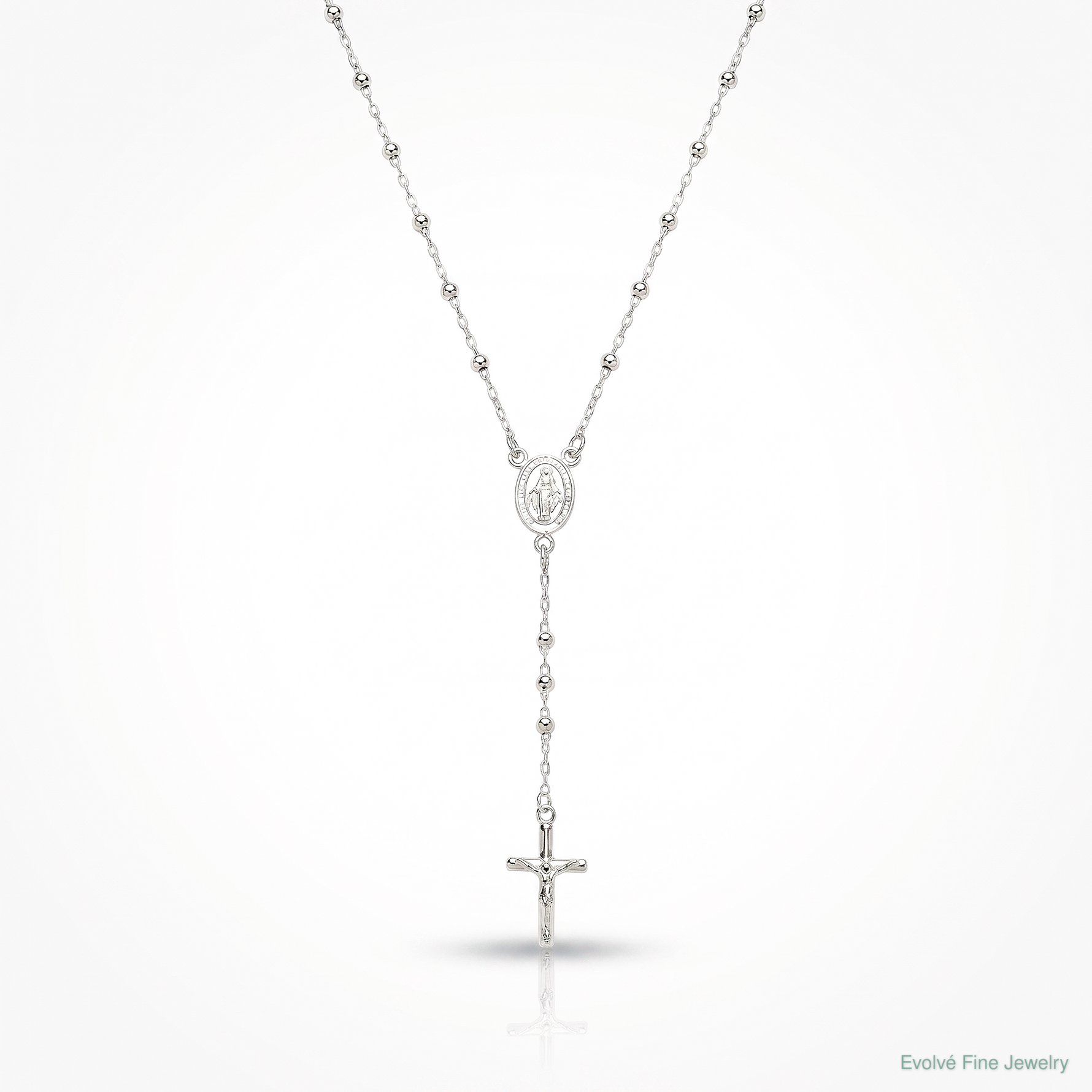 Sterling Silver Polished and Beaded Rosary Necklace - Lifestyle View