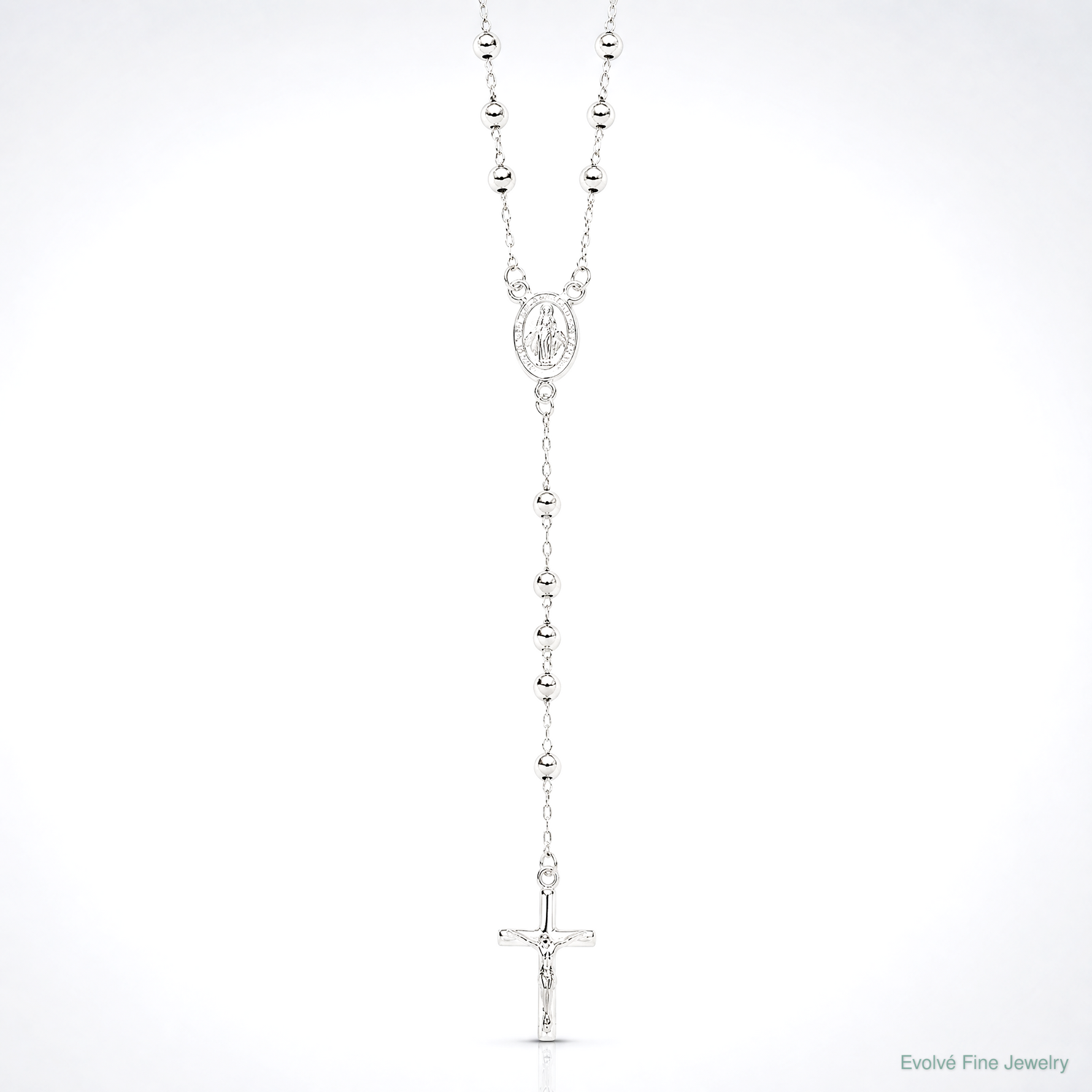 Sterling Silver Polished and Beaded Rosary Necklace - Lifestyle View