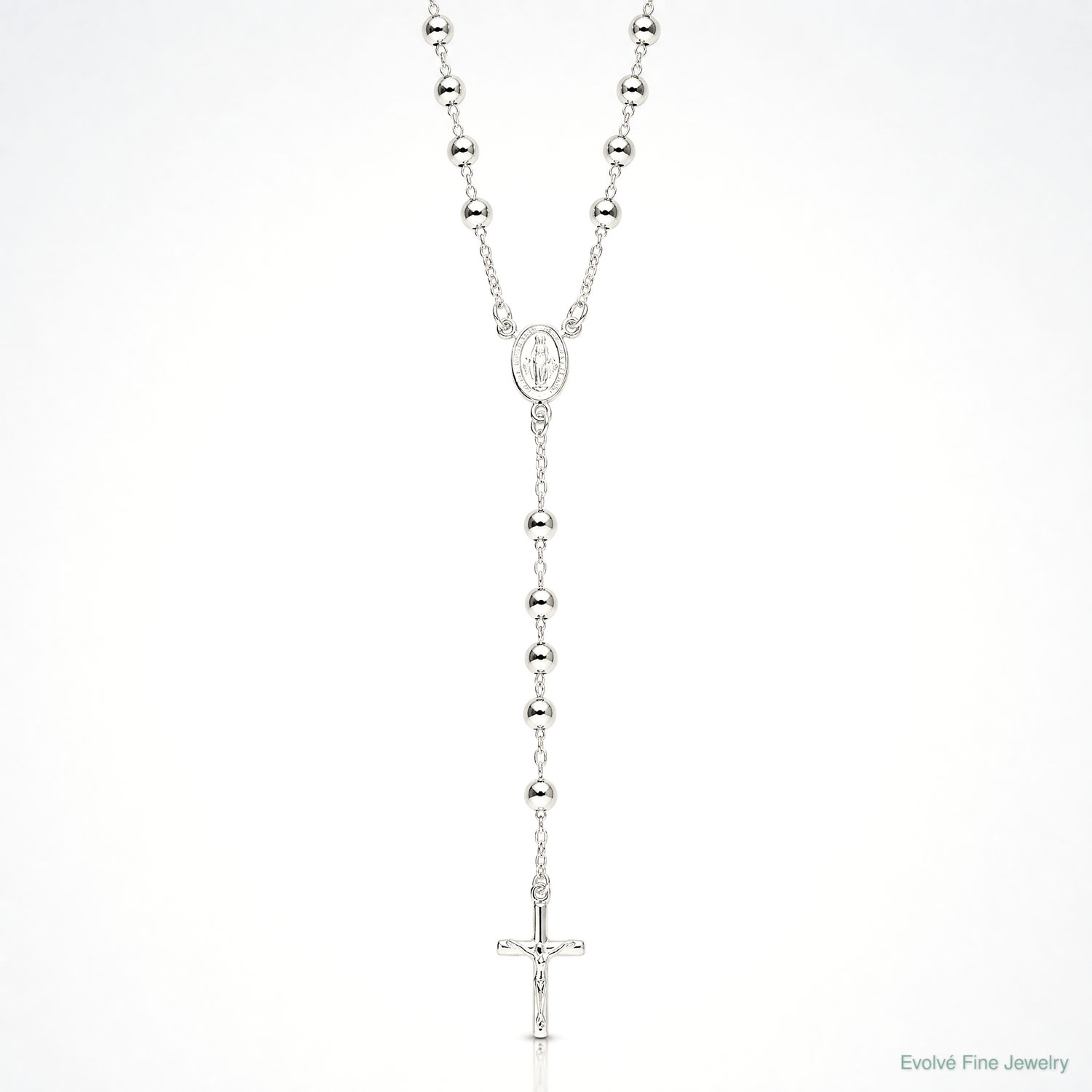 Sterling Silver Polished and Beaded Rosary Necklace - Lifestyle View