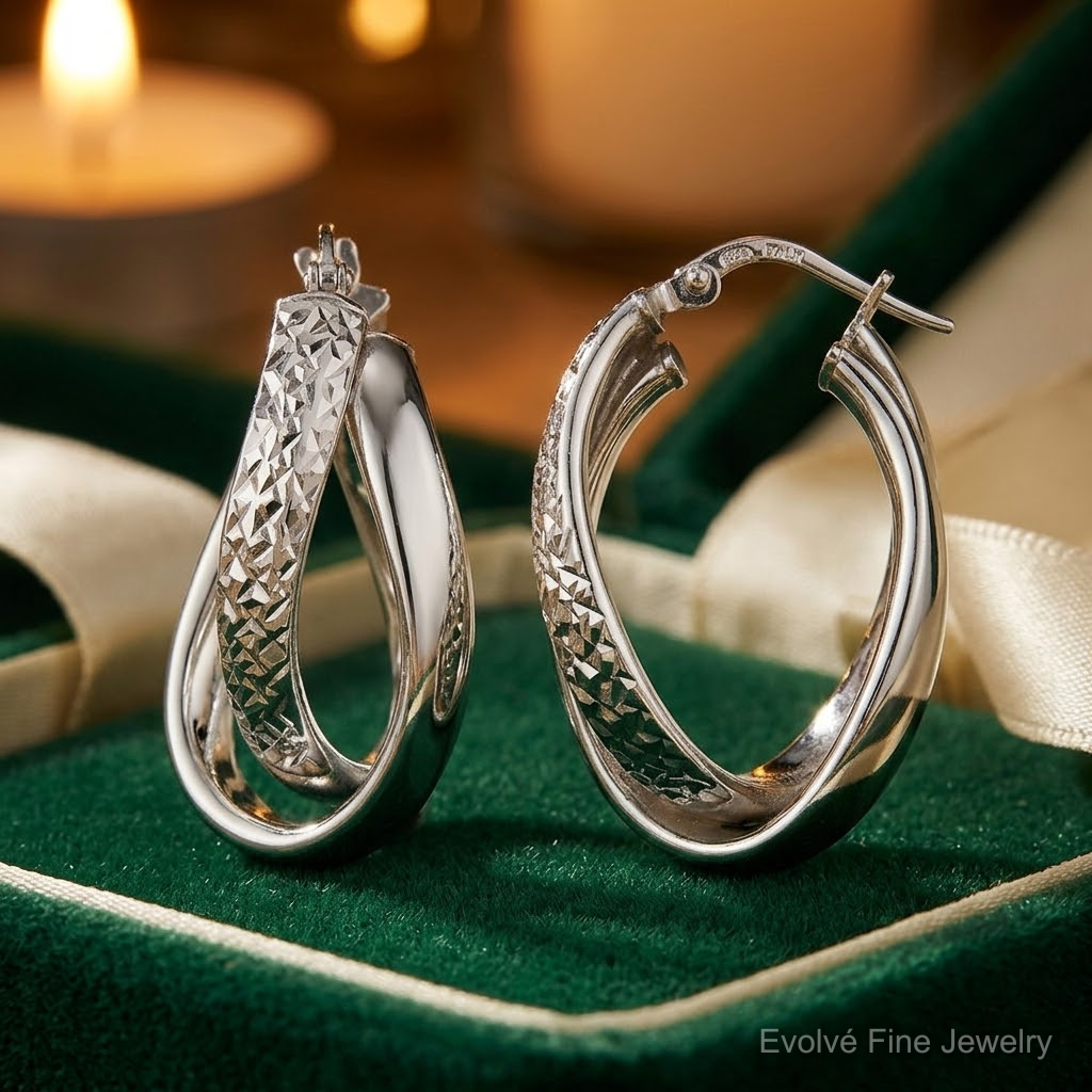 Leslie's Sterling Silver RH-plated Polished / Textured Fancy Hoop Earrings - Lifestyle View