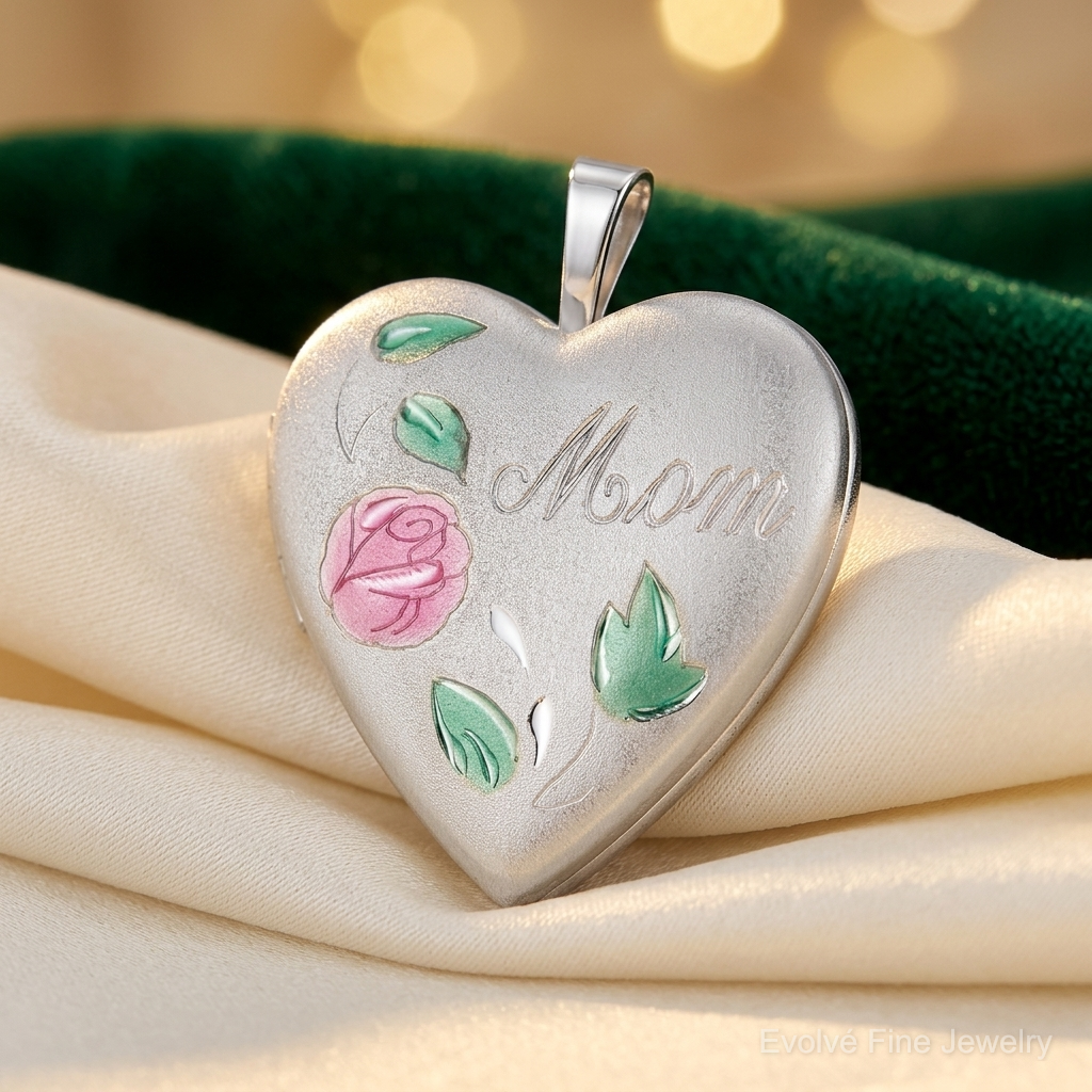 Sterling Silver Rhodium-plated Enameled Flower w/ Mom 20mm Heart Locket - Lifestyle View