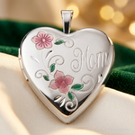 Sterling Silver Rhodium-plated Epoxy 20mm Floral Mom Heart Locket - Lifestyle View