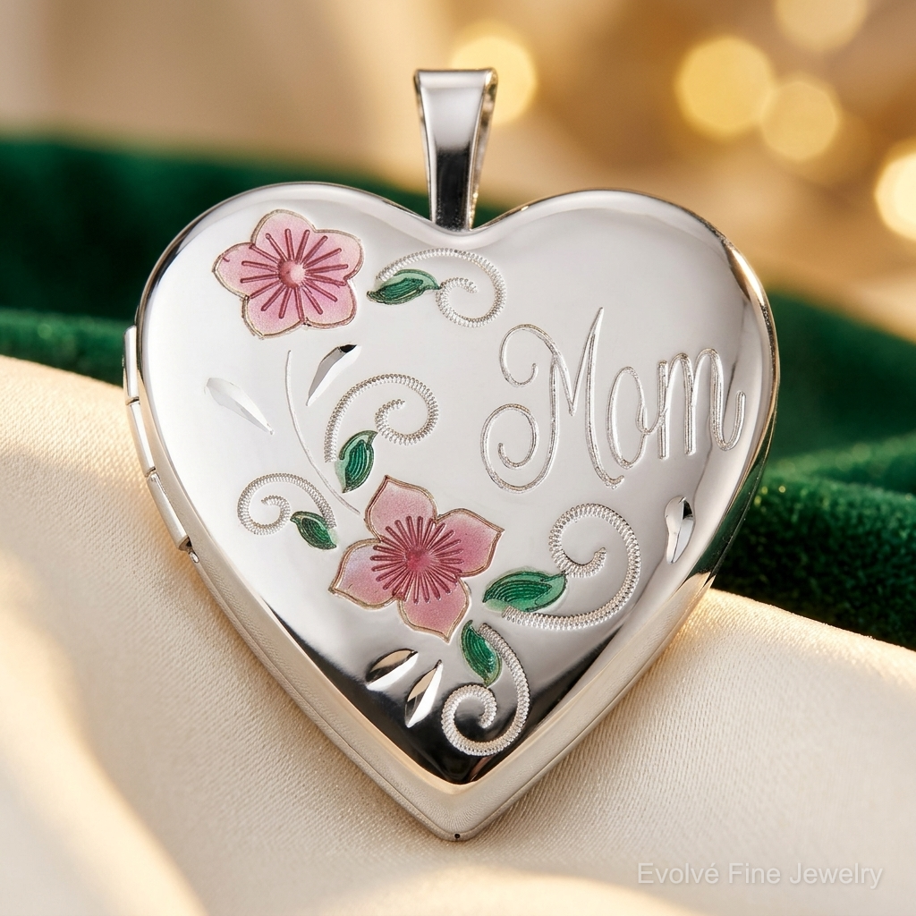 Sterling Silver Rhodium-plated Epoxy 20mm Floral Mom Heart Locket - Lifestyle View