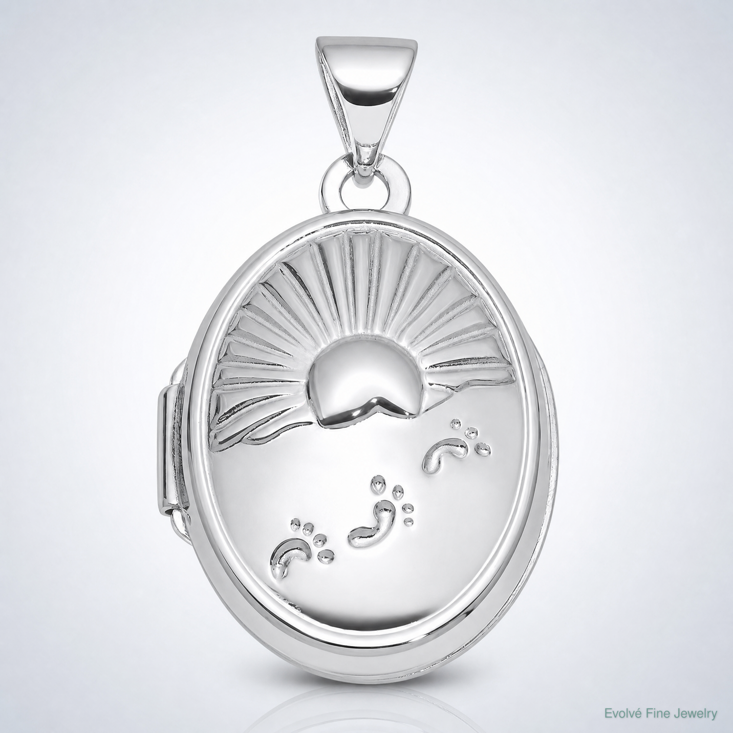 Sterling Silver Rhod-Plated 19x15mm Foot Prints Reversible Oval Locket - Lifestyle View