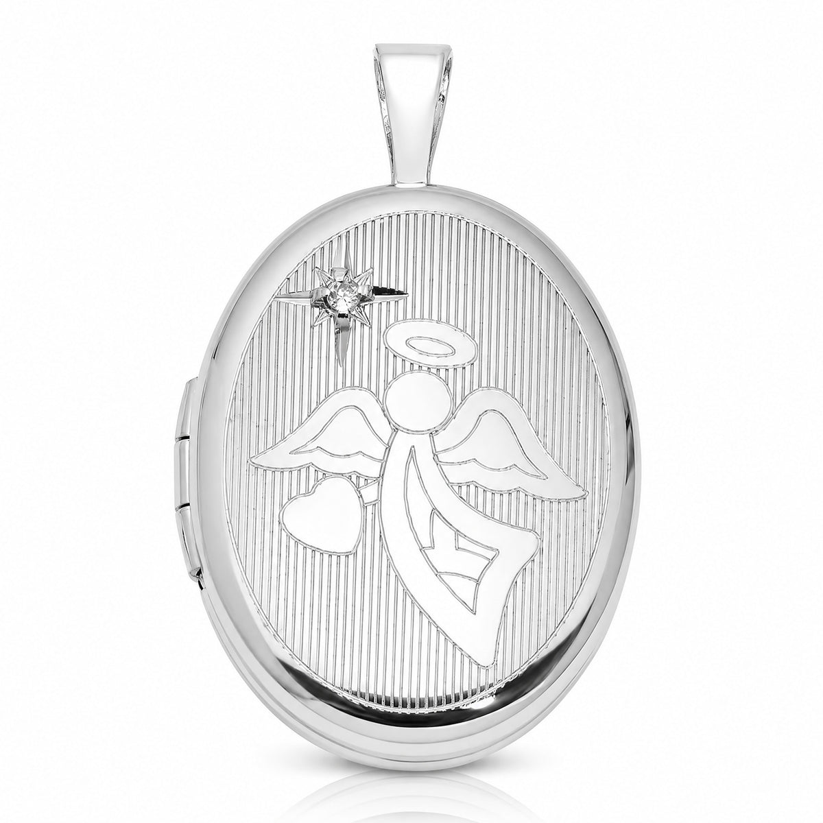 Sterling Silver Rhodium-plated Diamond 19mm Angel Oval Locket - Lifestyle View