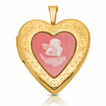 SS Gold-plated Brushed / Polished Pink Angel Resin Cameo 20mm Heart Locket - Lifestyle View