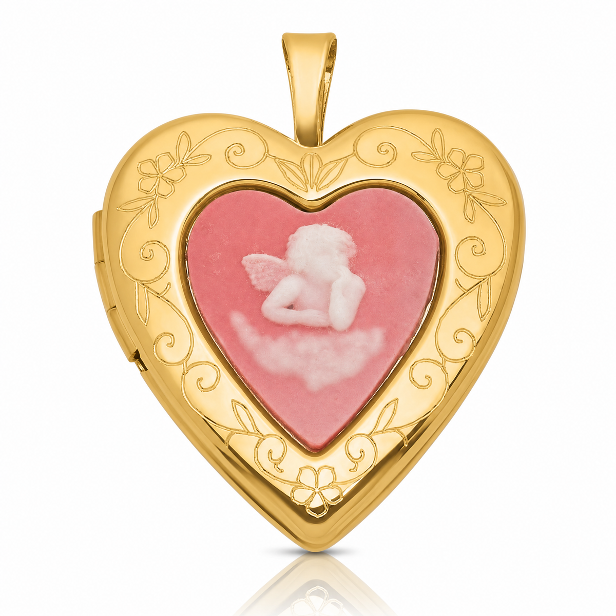 SS Gold-plated Brushed / Polished Pink Angel Resin Cameo 20mm Heart Locket - Lifestyle View