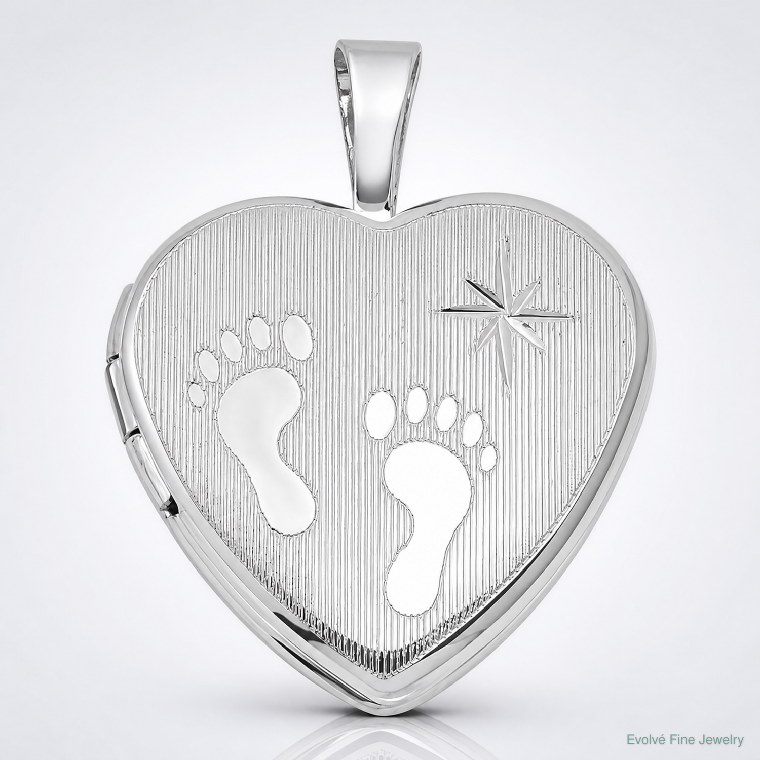 SS RH-pl Brushed And Polished Footprints And Star 16mm Heart Locket - Lifestyle View