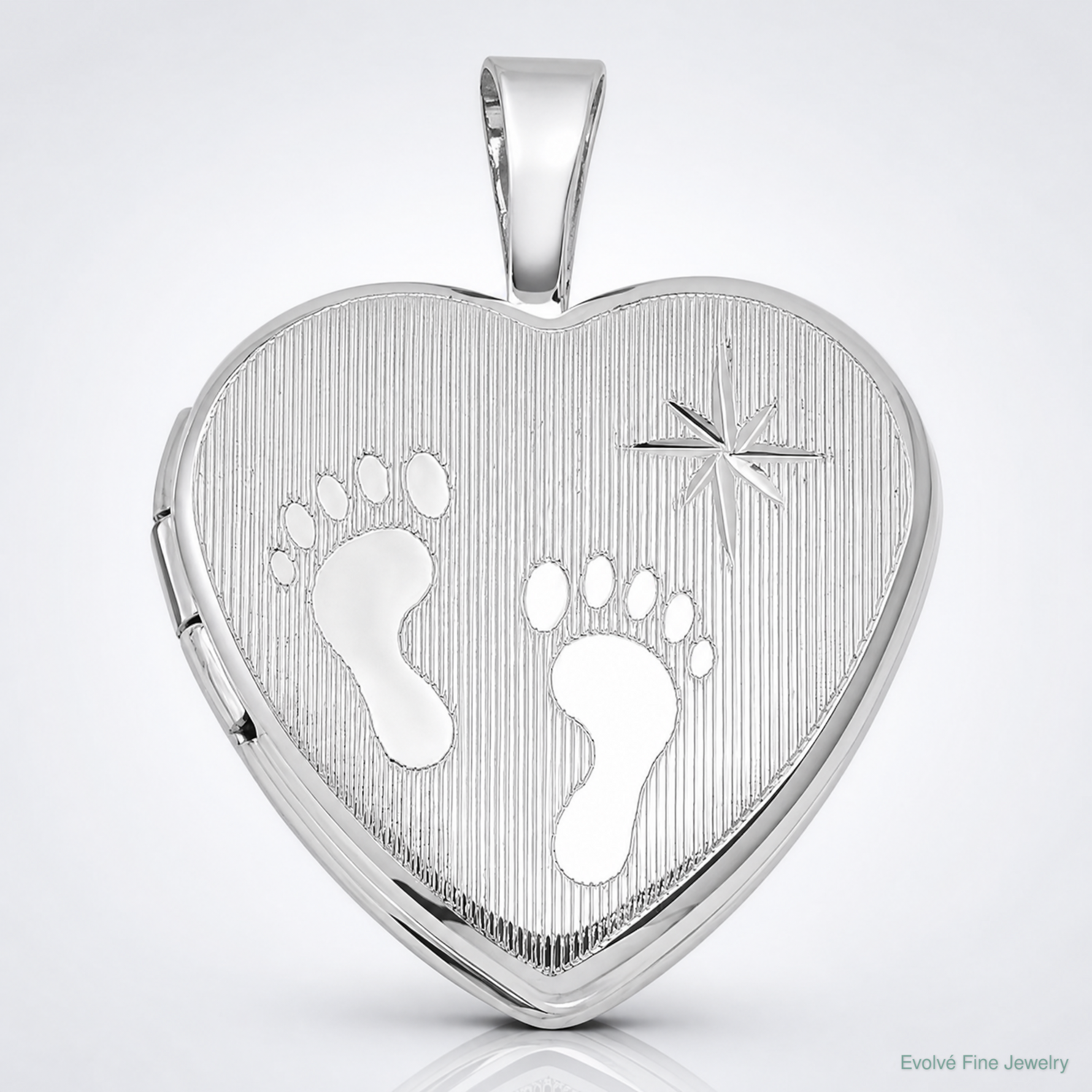 SS RH-pl Brushed And Polished Footprints And Star 16mm Heart Locket - Lifestyle View
