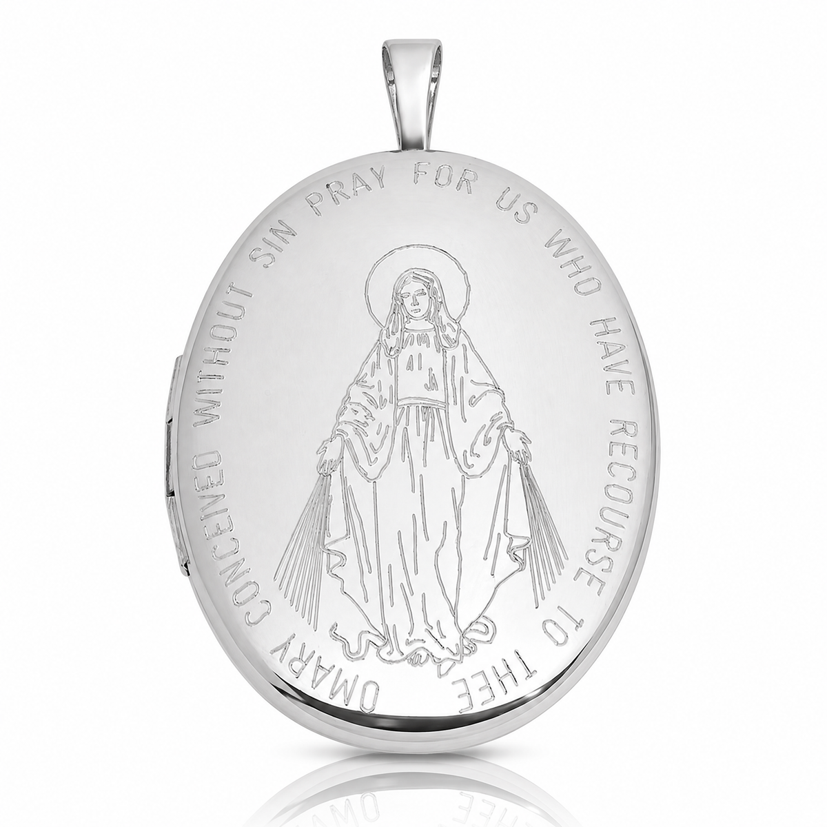 SS RH-pl Brushed And Polished Miraculous Medal 20mm Oval Locket - Lifestyle View