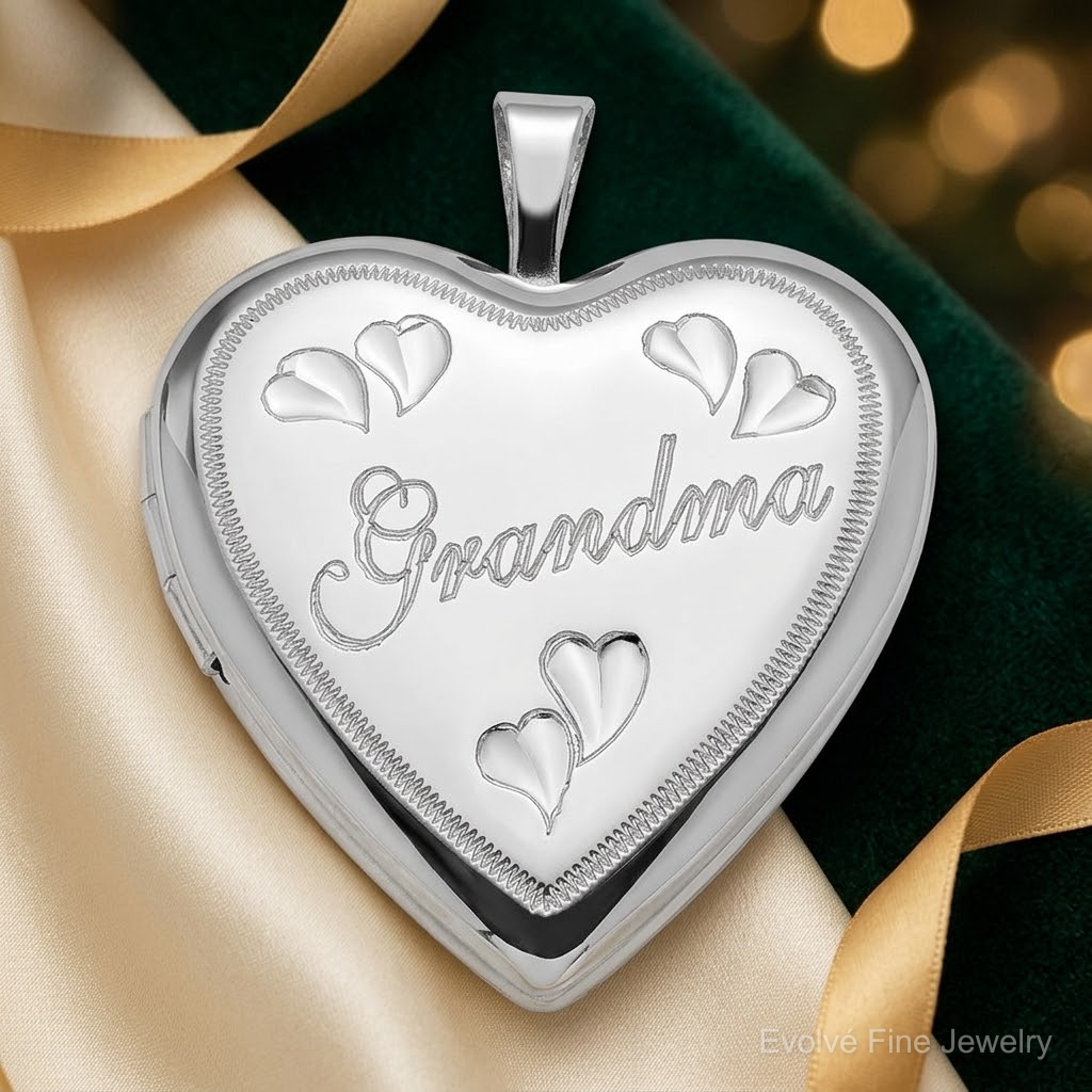 Sterling Silver Rhodium-plated 20mm D/C Grandma Heart Locket - Lifestyle View