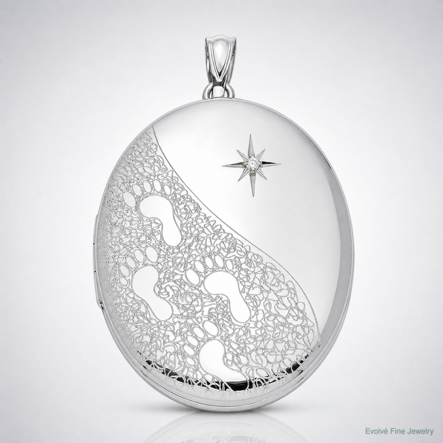 Sterling Silver Rhodium-plated & Diamond Footprints 34mm Oval Locket - Lifestyle View