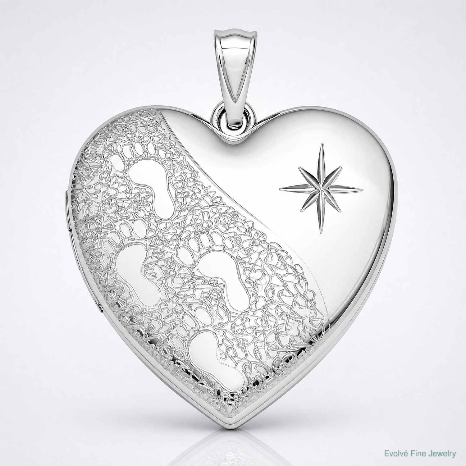 Sterling Silver Rhodium-plated 24mm D/C Footprints Ash Holder Heart Locket - Lifestyle View