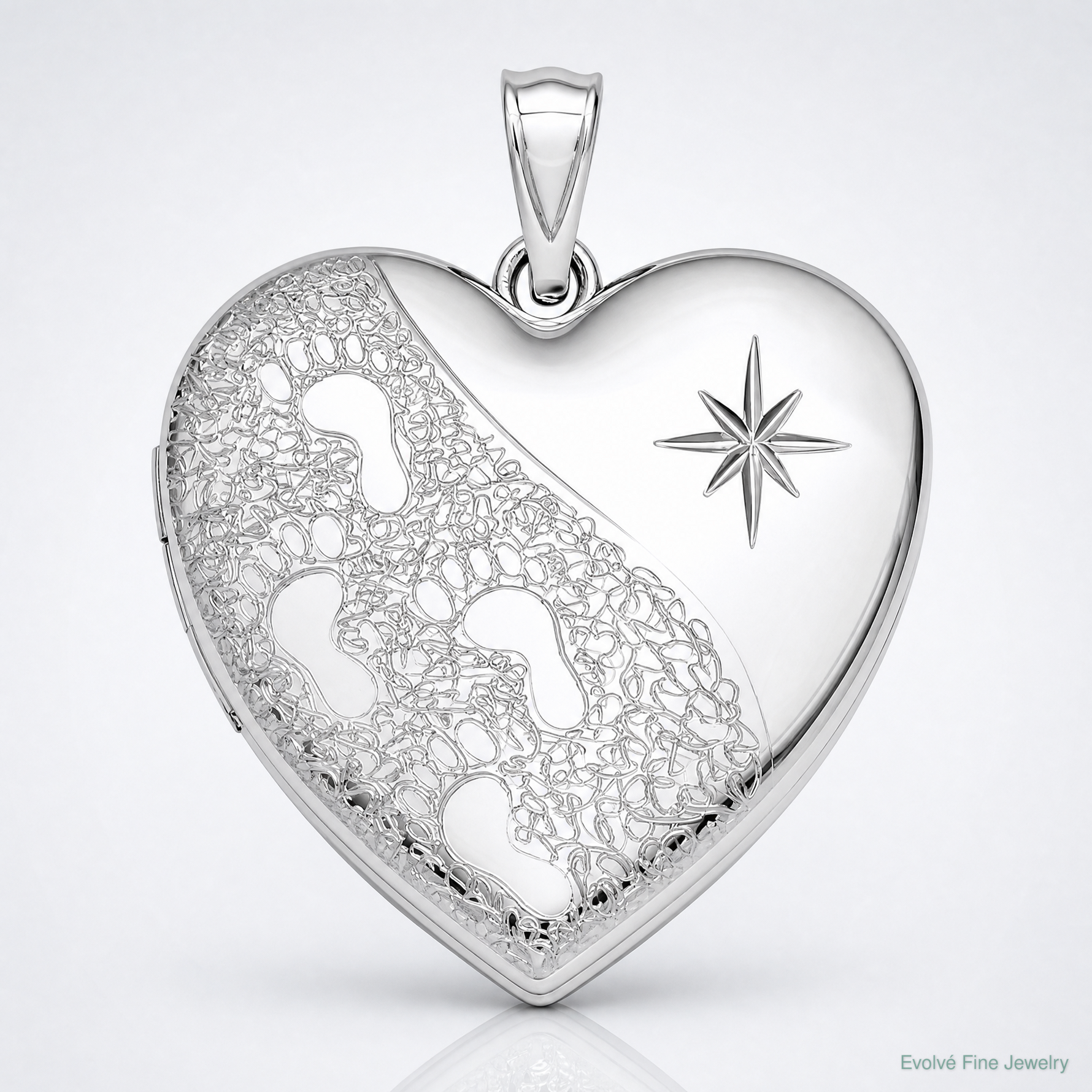 Sterling Silver Rhodium-plated 24mm D/C Footprints Ash Holder Heart Locket - Lifestyle View