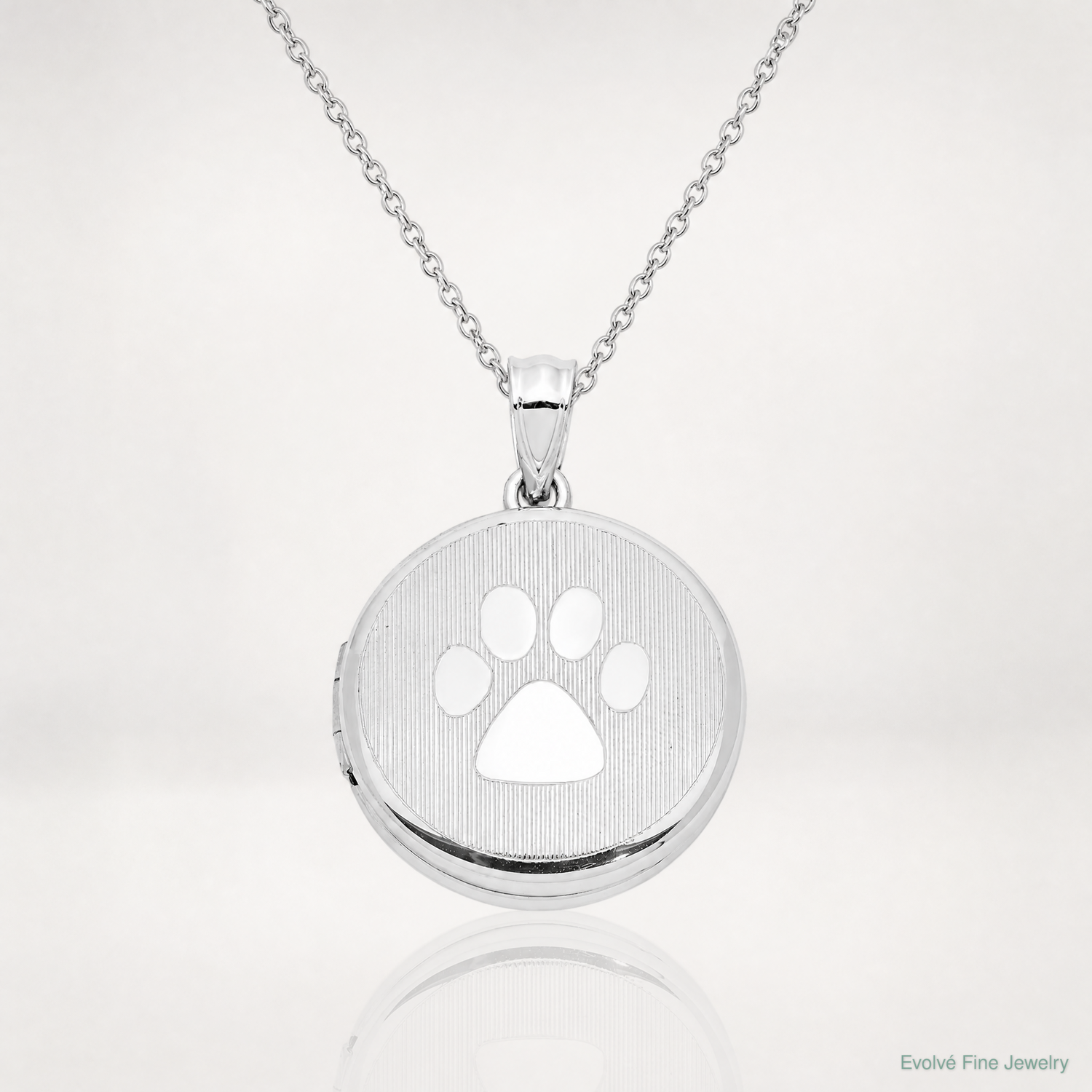 Sterling Silver Rhodium 20mm Grooved & Polished Pawprint Round Locket - Lifestyle View