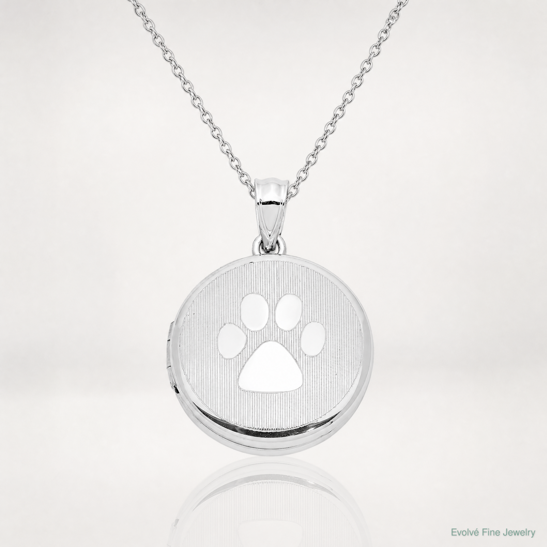 Sterling Silver Rhodium 20mm Grooved & Polished Pawprint Round Locket - Lifestyle View