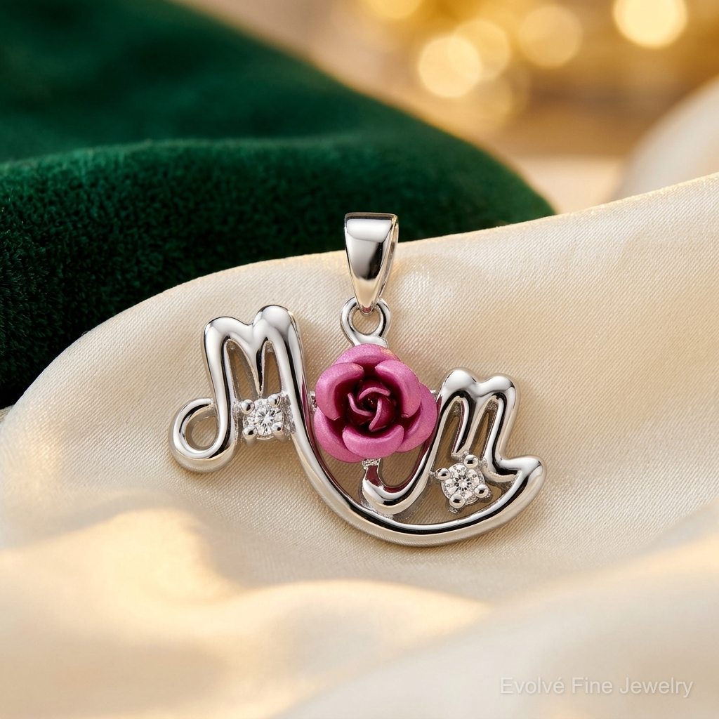 Sterling Silver RH-pltd Dyed Pink Aluminum Rose/Clear CZ Mom Pendant - Lifestyle View