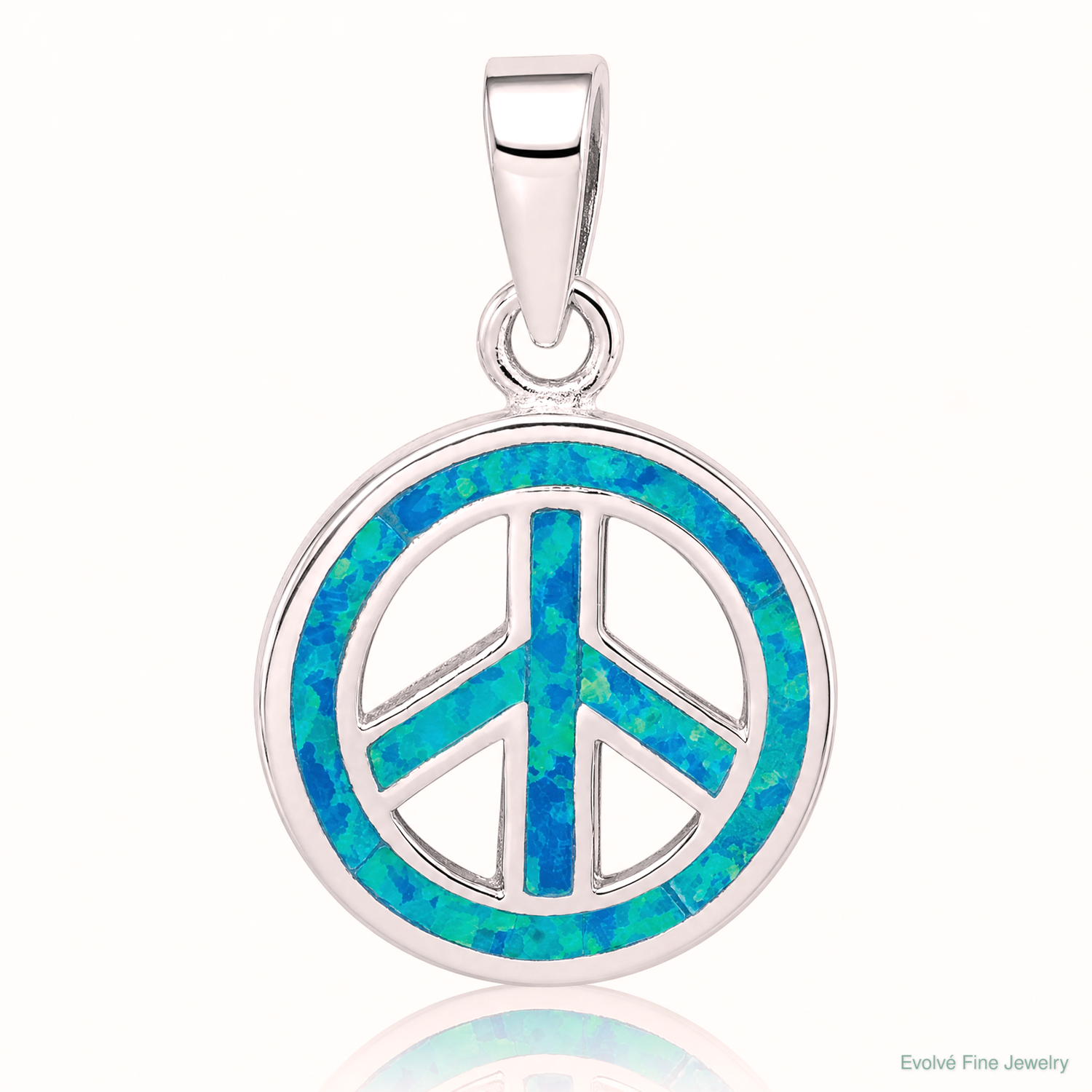 Sterling Silver Rhodium-plated Blue Inlay Created Opal Peace Sign Pendant - Lifestyle View