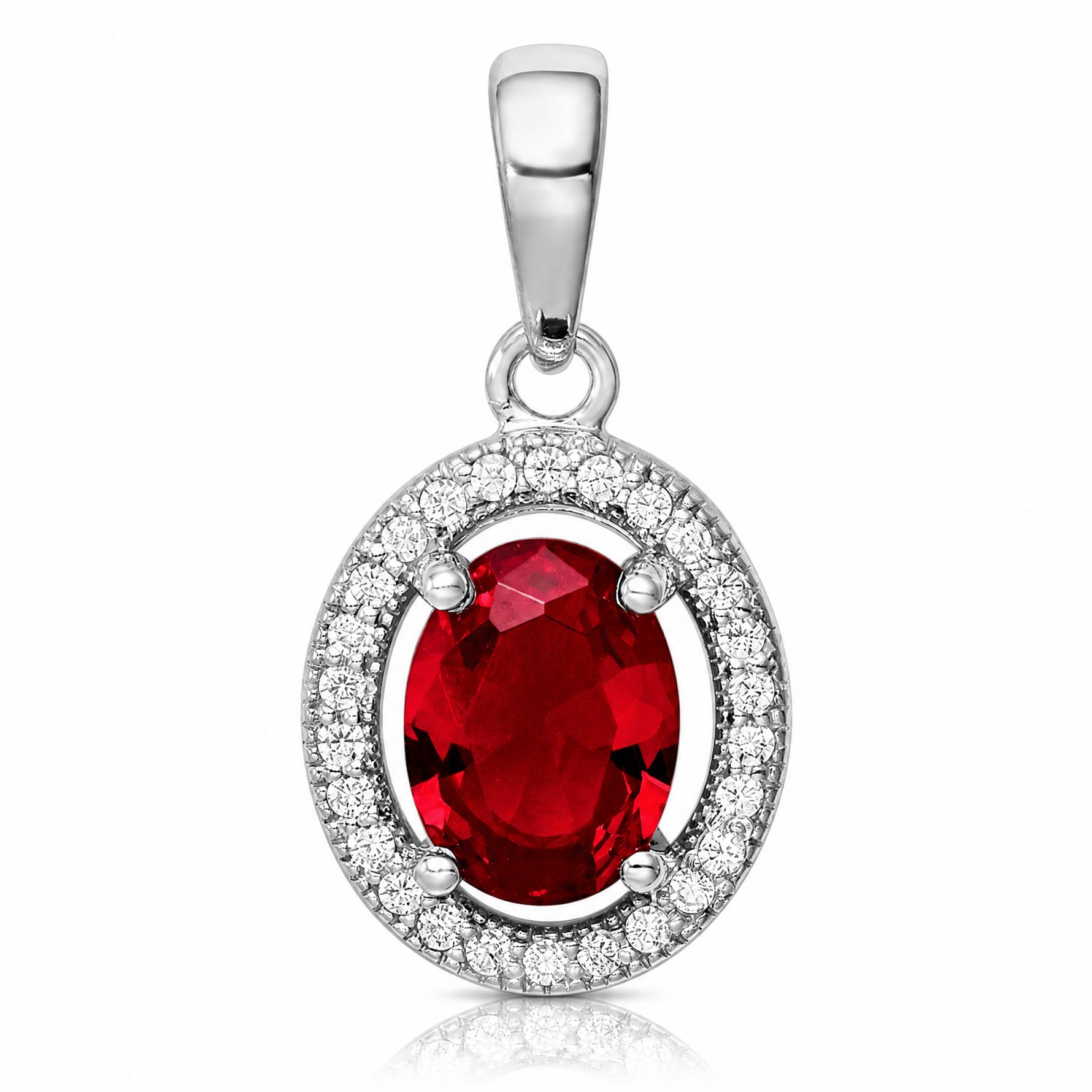 Sterling Silver Rhod-plated Red and White CZ Oval Pendant - Lifestyle View
