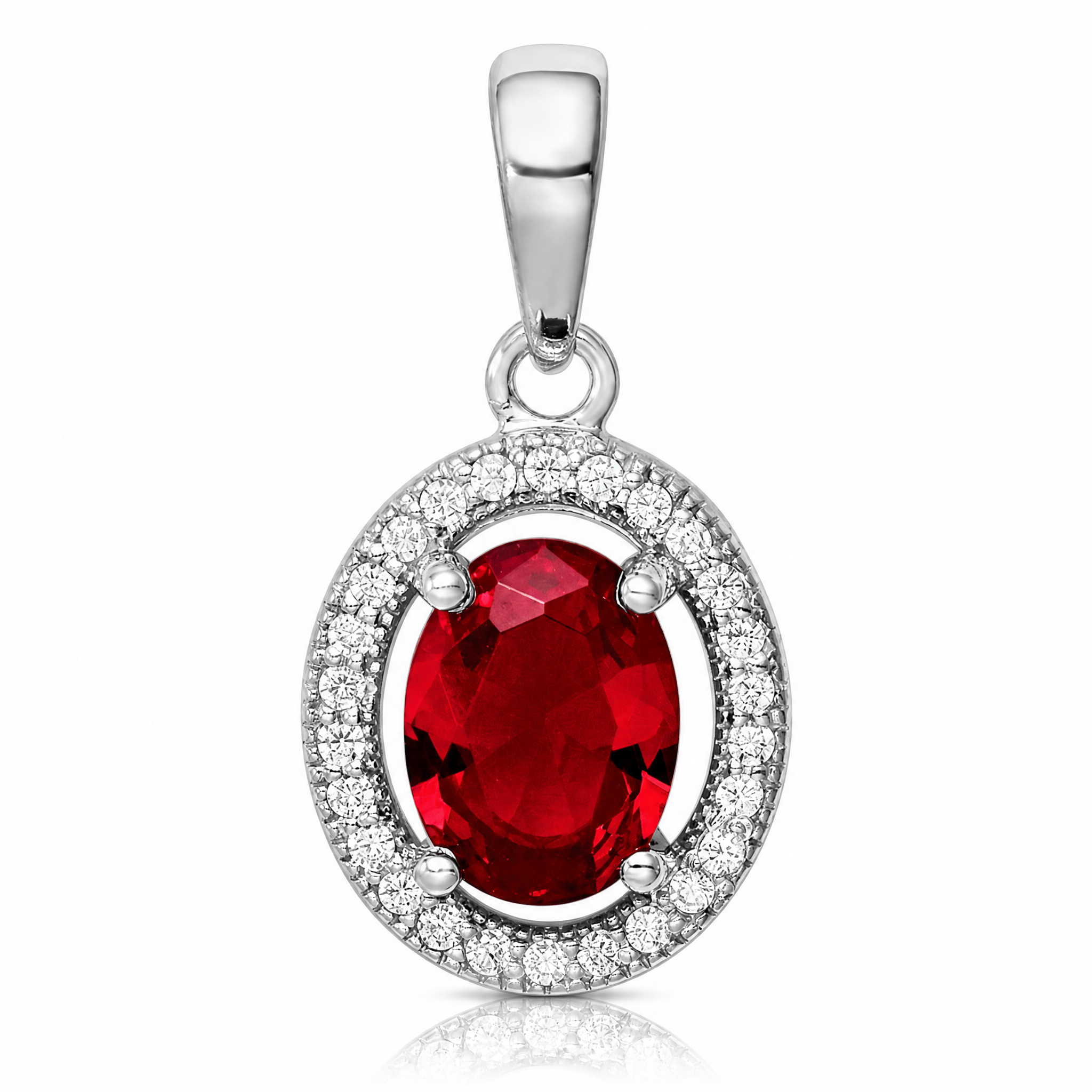 Sterling Silver Rhod-plated Red and White CZ Oval Pendant - Lifestyle View