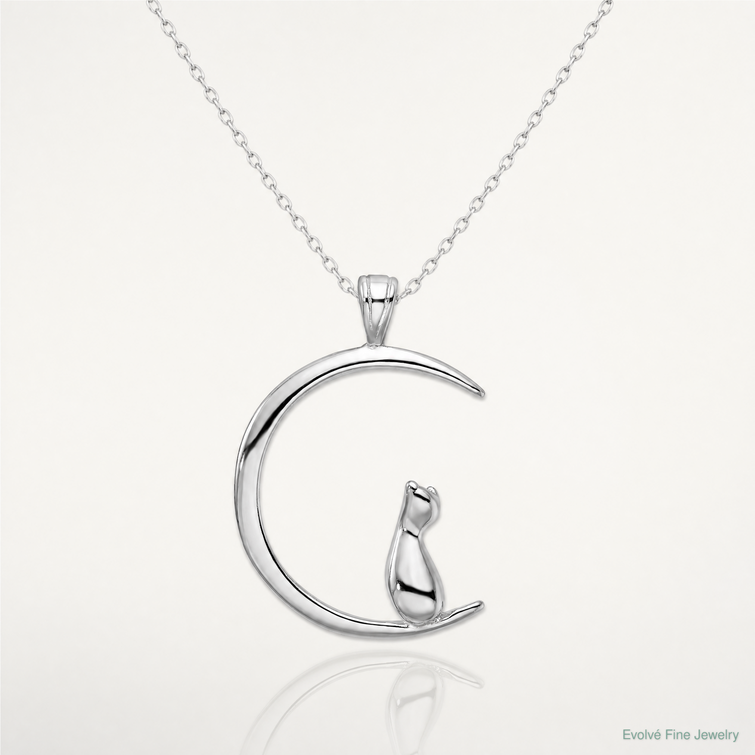 Sterling Silver Rhodium-plated Cat On Moon Pendant - Lifestyle View