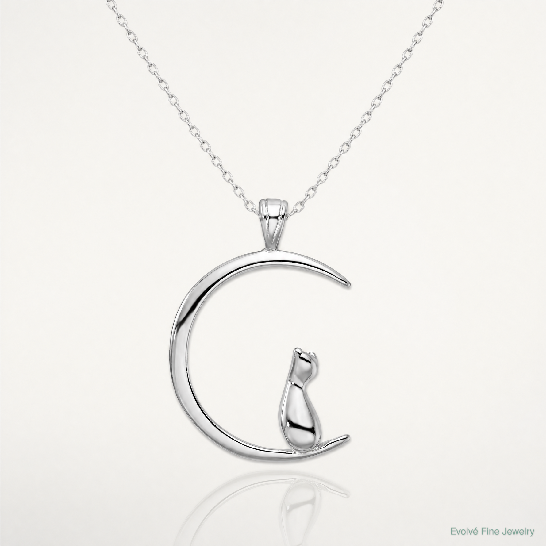 Sterling Silver Rhodium-plated Cat On Moon Pendant - Lifestyle View